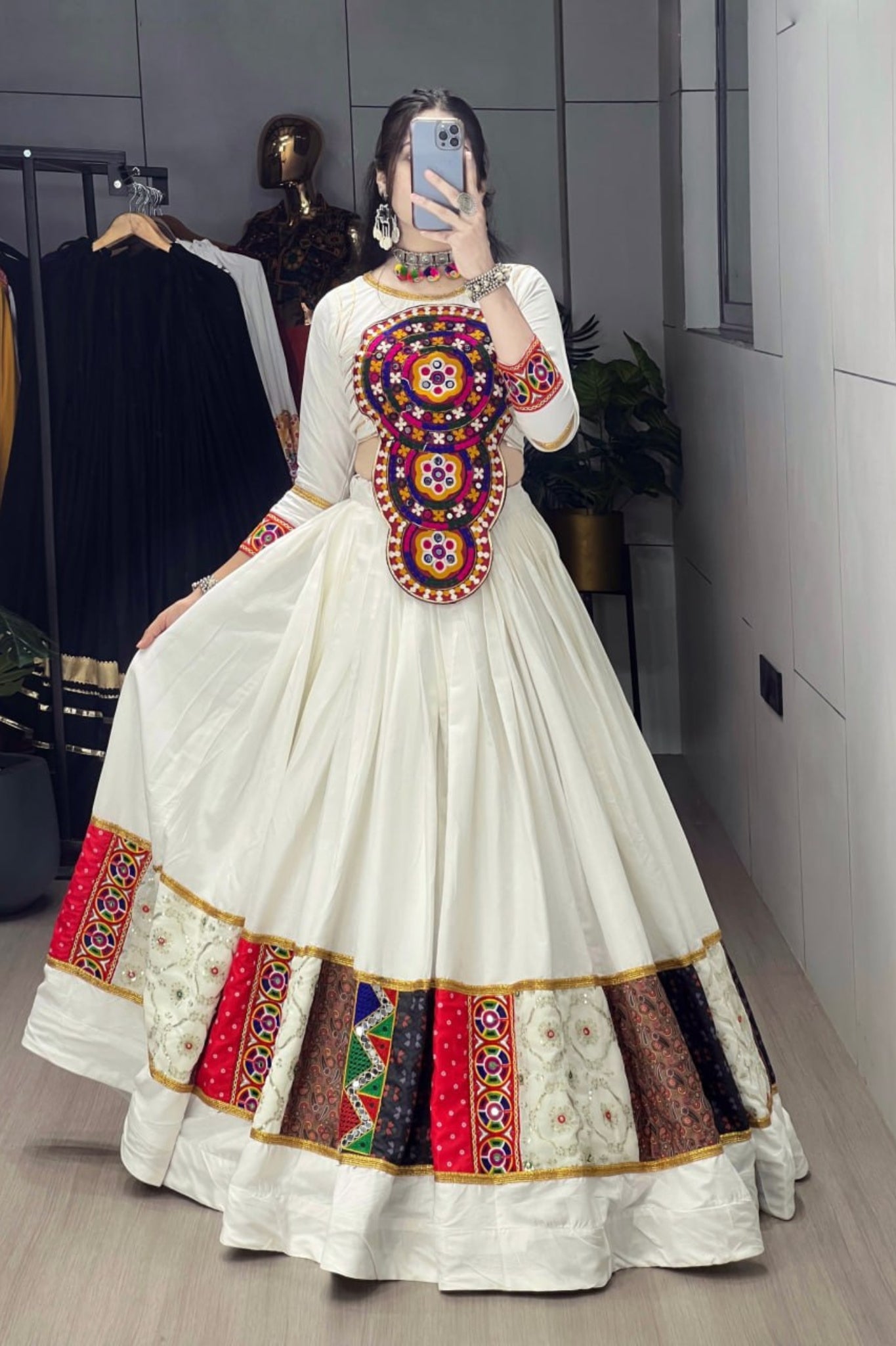 Designer White Multicolor Navratri Lehenga Choli For Women