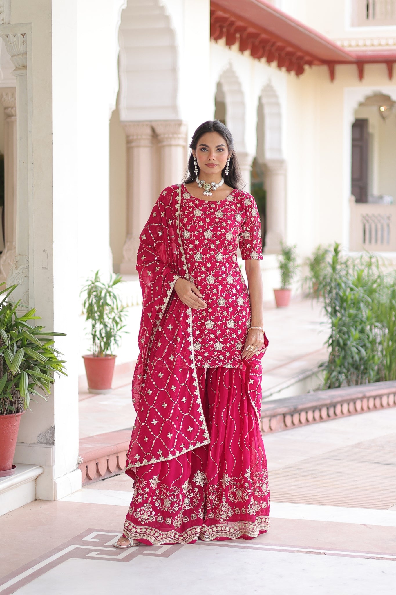 Premium Sequins Embroidered Faux Georgette Kurti Sharara Set With Dupatta