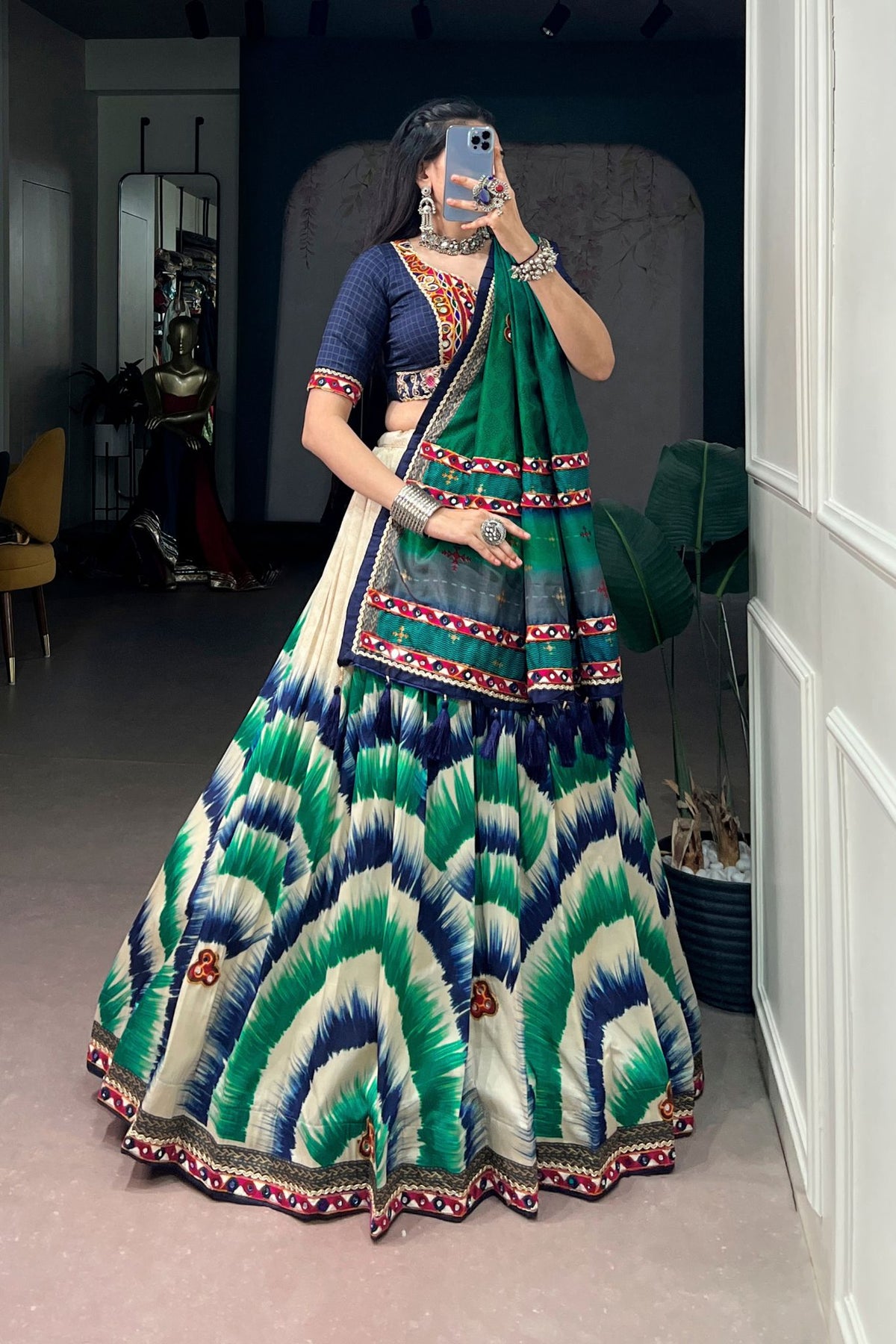 Tasar Silk Tie & Dye With Gamthi Work Navratri Lehenga Choli
