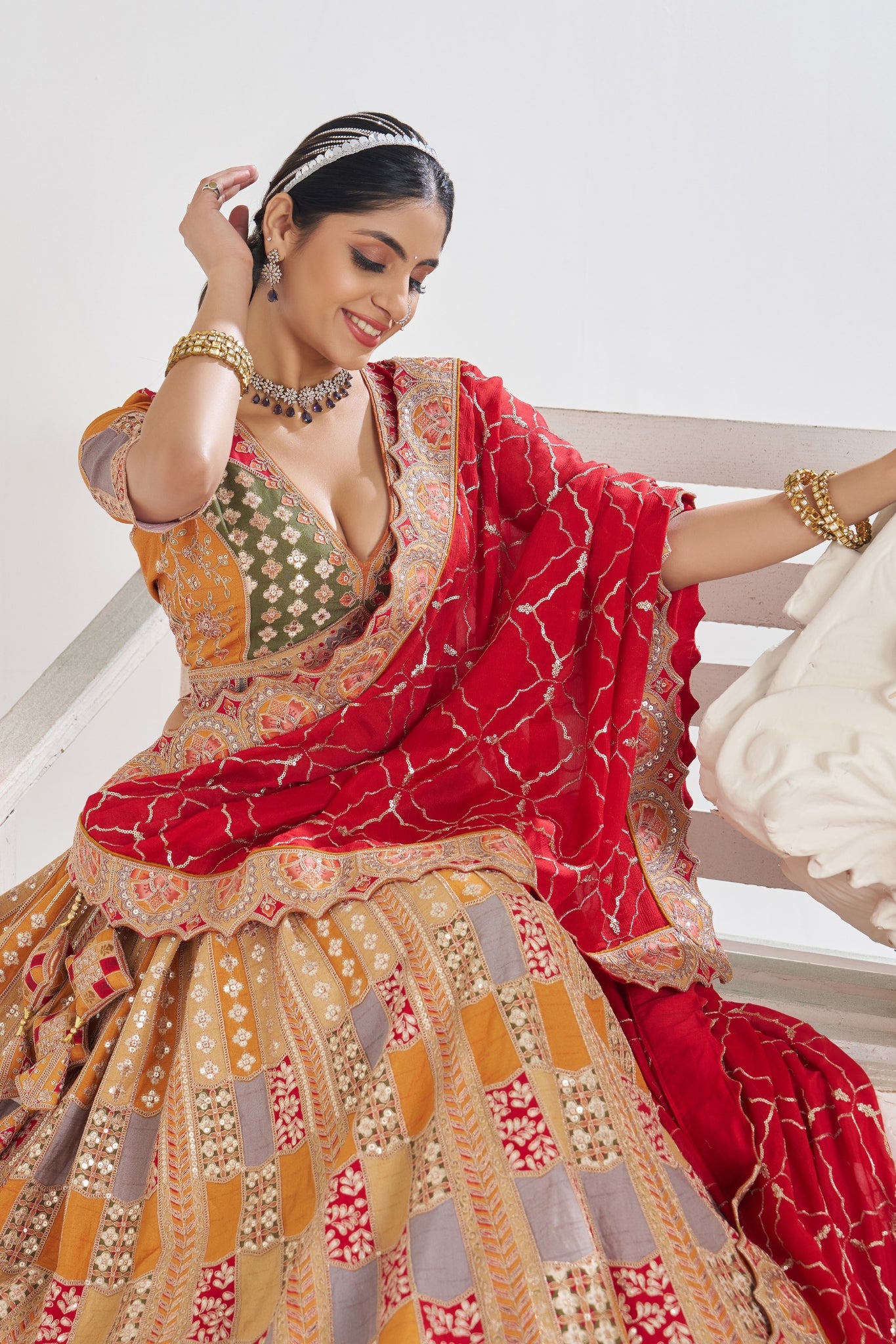 Stunning Mustard Beautiful Designer Sequins With Aari Work Wedding Lehenga Choli