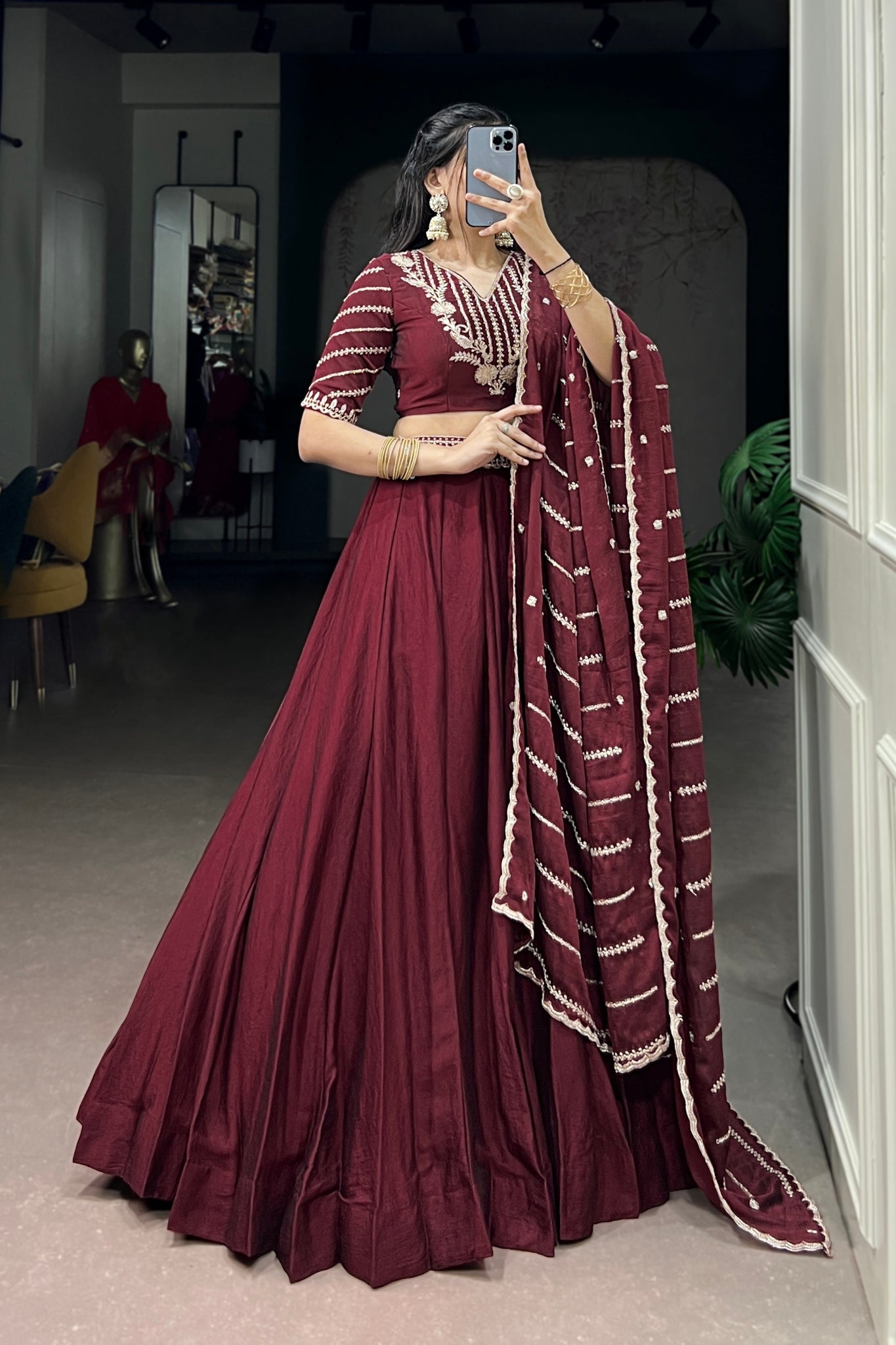 Premium Maroon Rangoli Crush Lehenga Choli Set