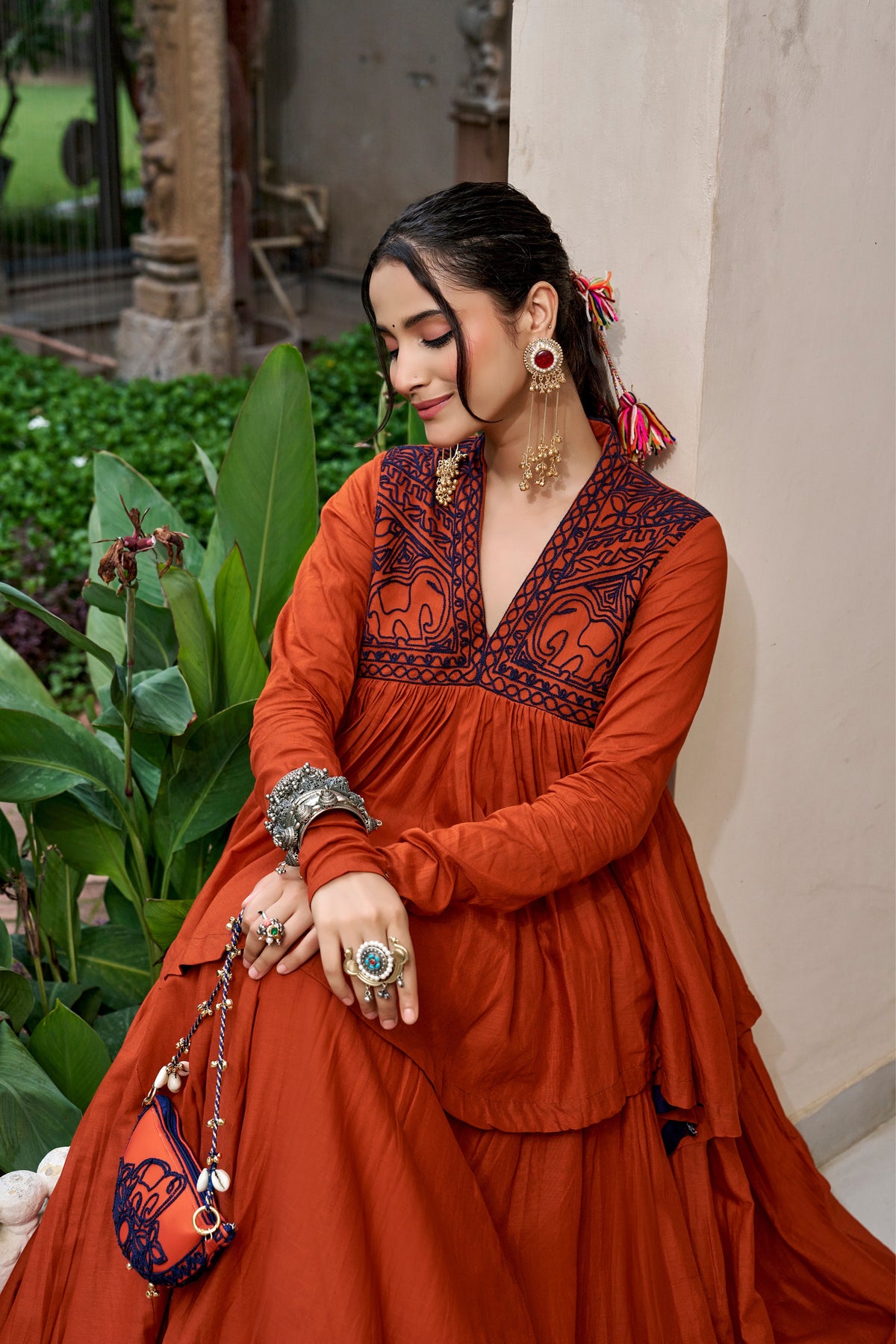 Rust Orange Pure Cotton Kashida Work Navratri Lehenga Choli With Matching Purse