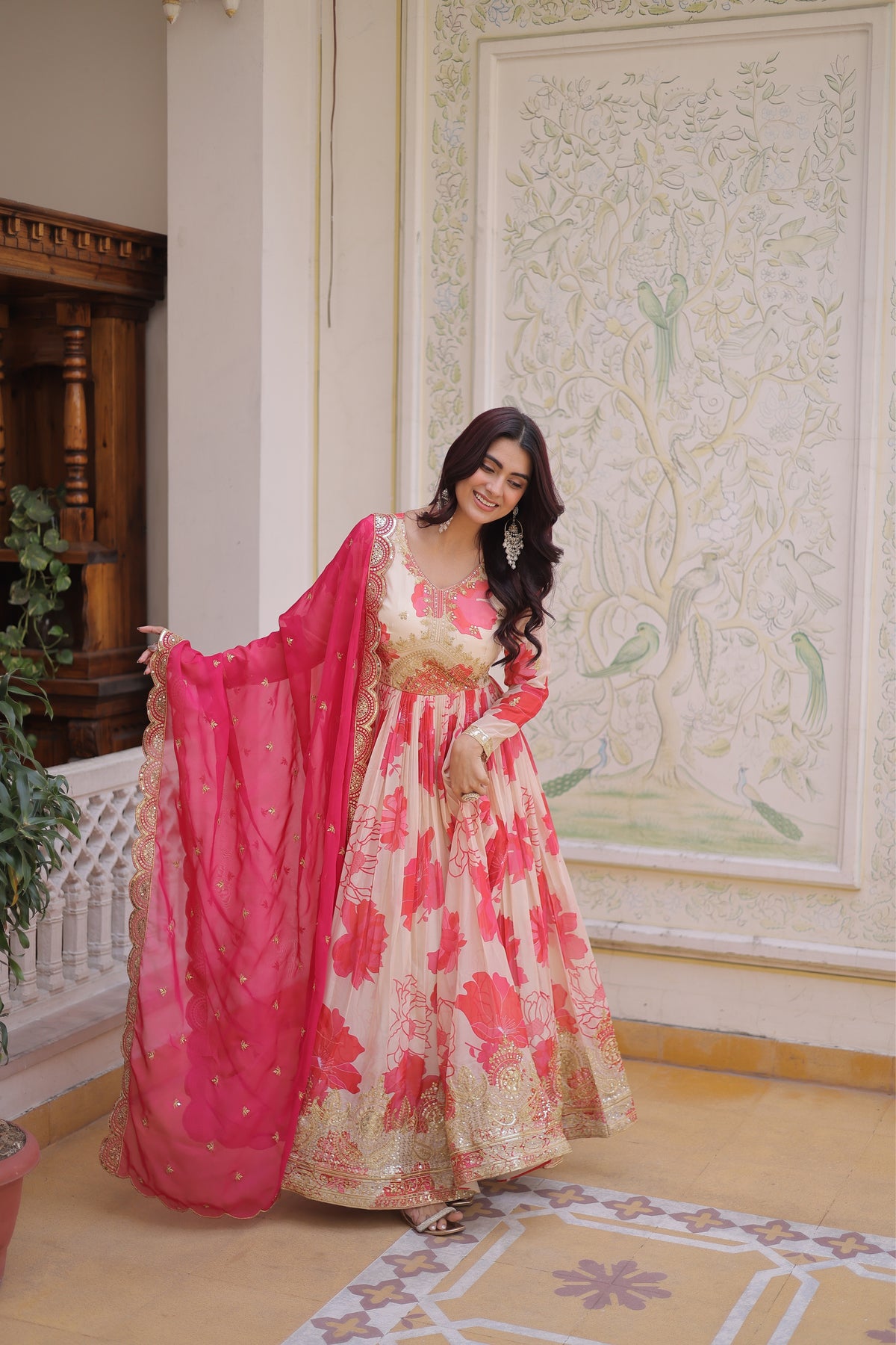 Designer Pink Floral Anarkali Gown with Dupatta Set