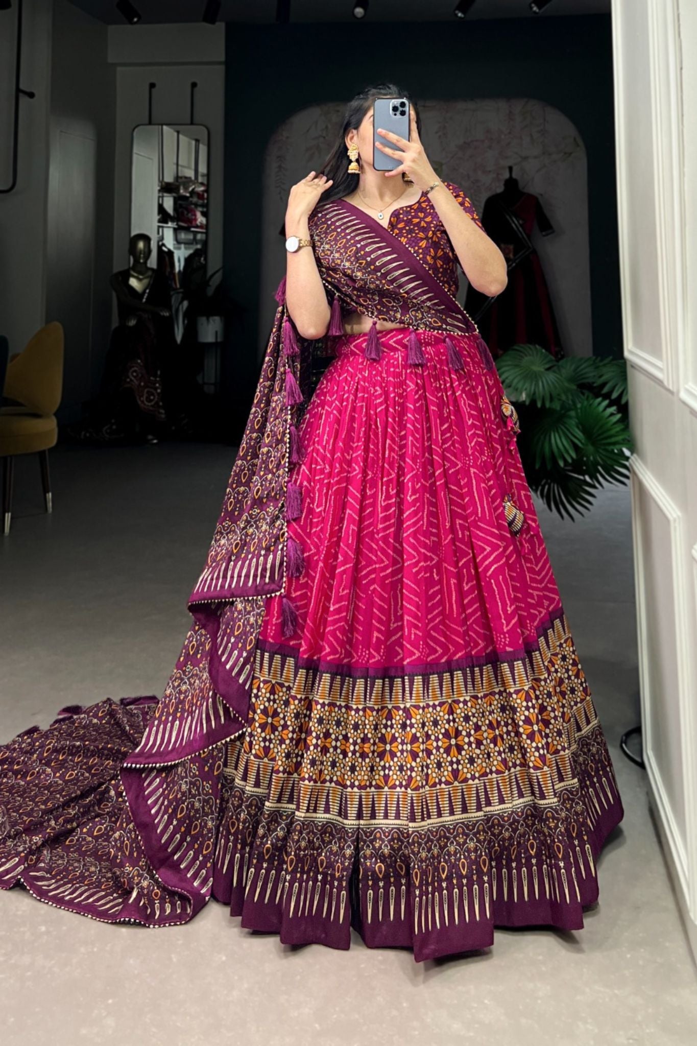 Bandhej With Ajarakh Print Silk Lehenga Choli