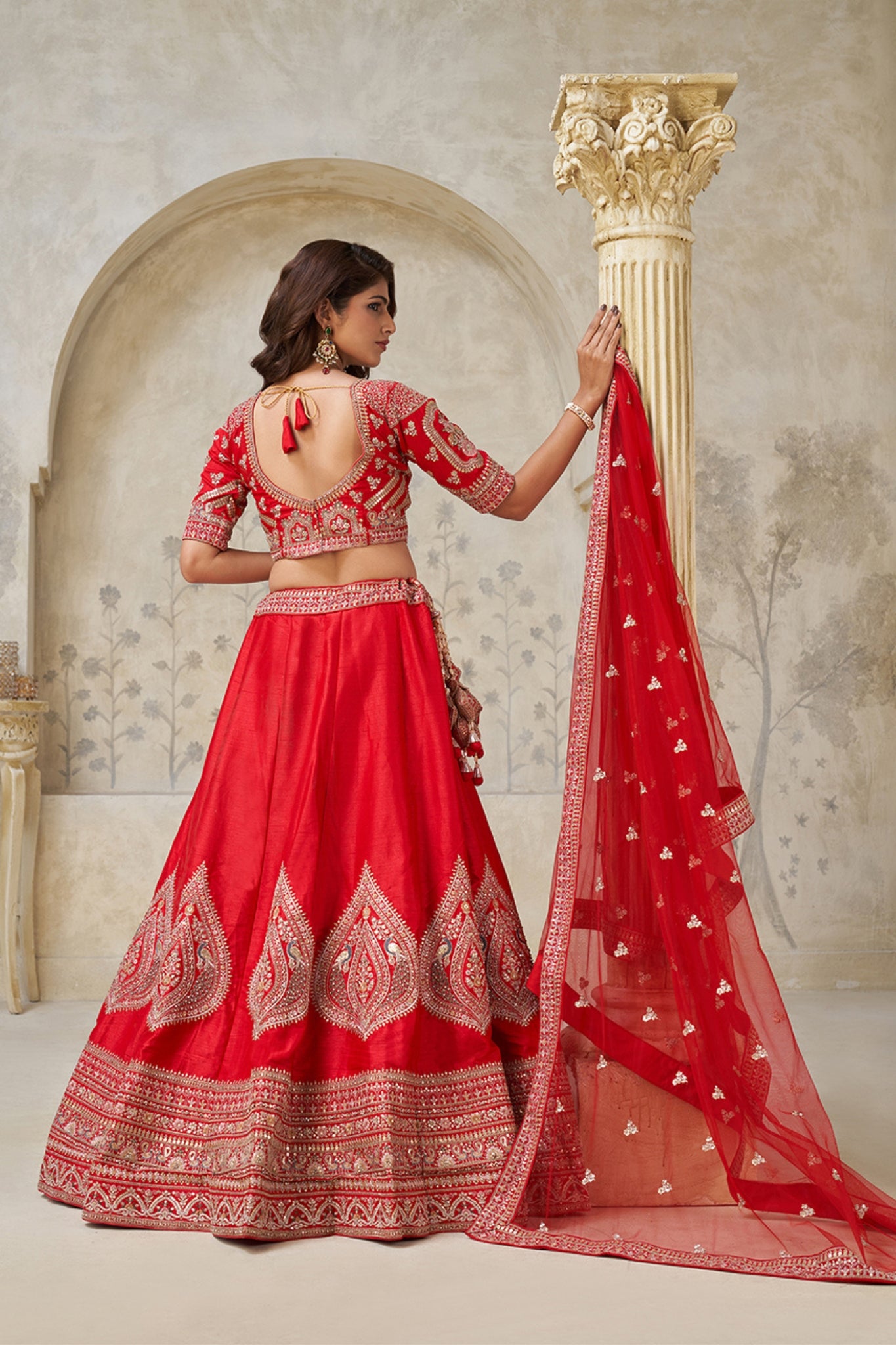 Crimson Elegance Minimalist Peacock And Leaf Motif Bridal Lehenga
