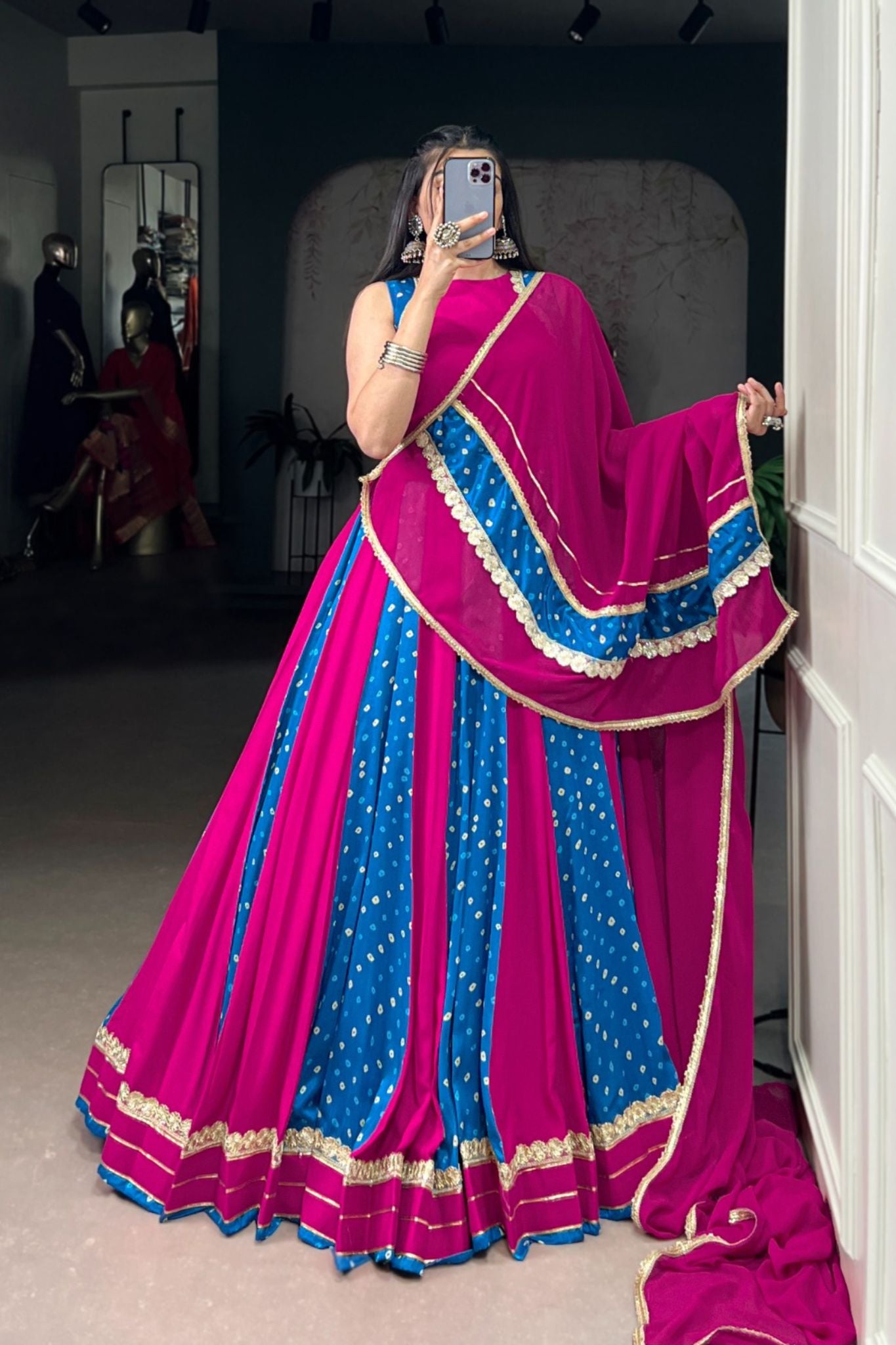 Pink And Blue Designer Bandhej Print Beautiful Lehenga Choli