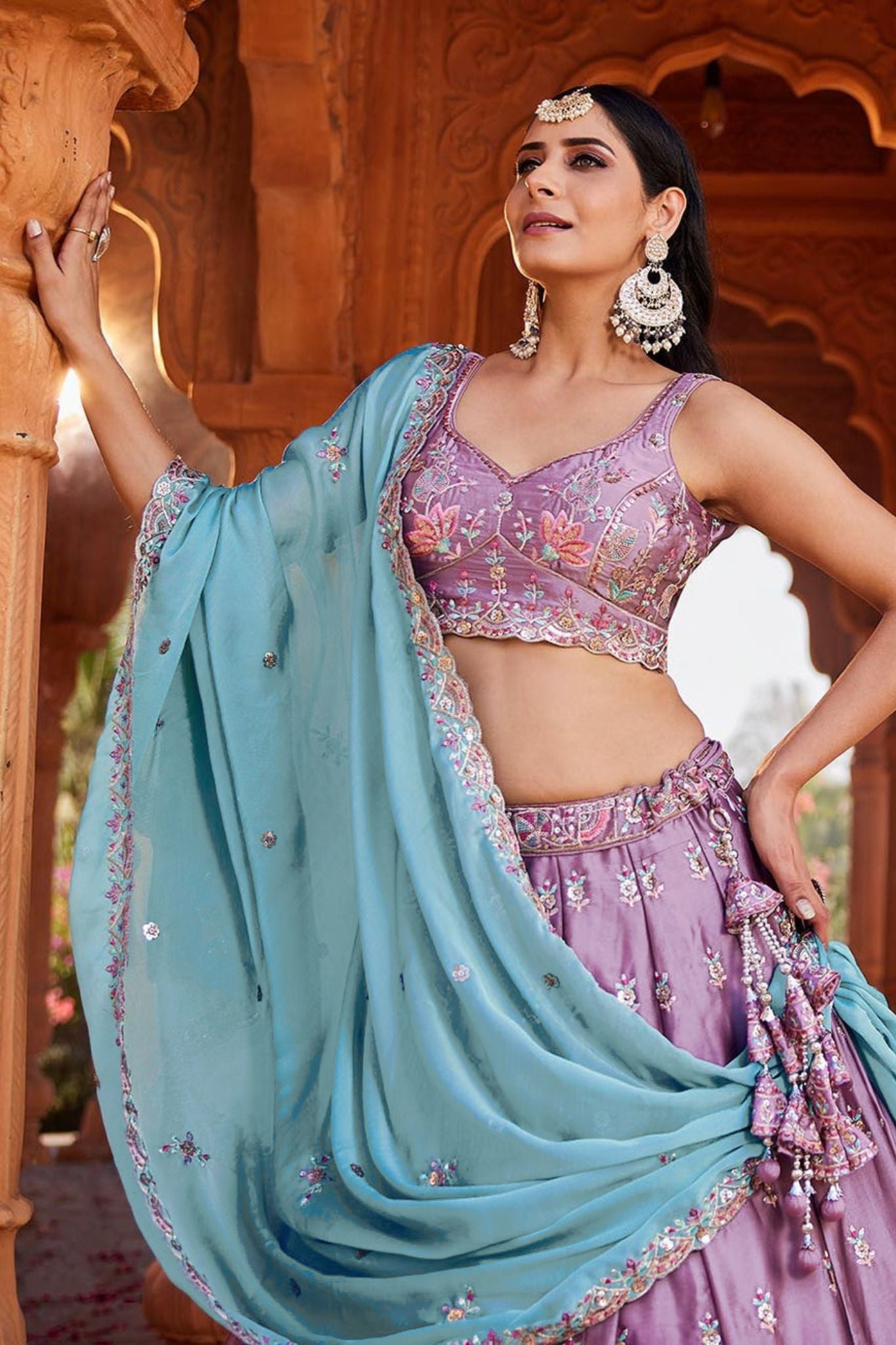 Lavender Rangoli Silk Designer Lehenga Choli With Aqua Blue Embroidered Dupatta