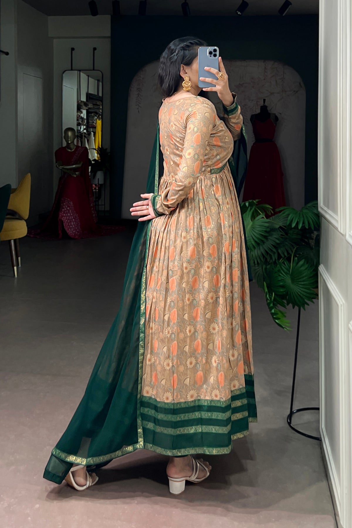 Tasar Silk Floral Print Anarkali Dress with Foil Work & Georgette Lace Border Dupatta