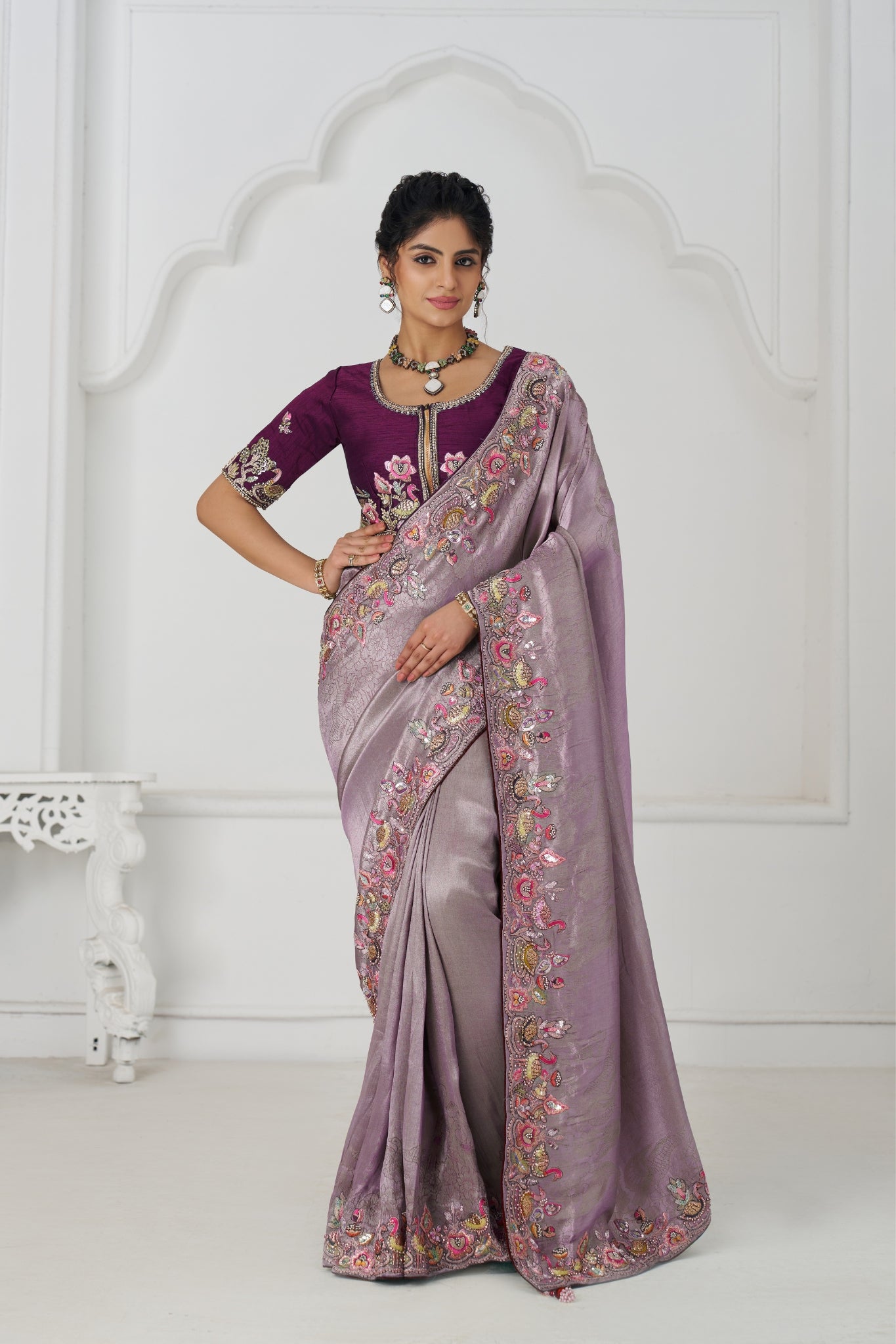 Mauve Luxury Wedding Saree With Multi-Thread Bead Embroidery & Sequin Work