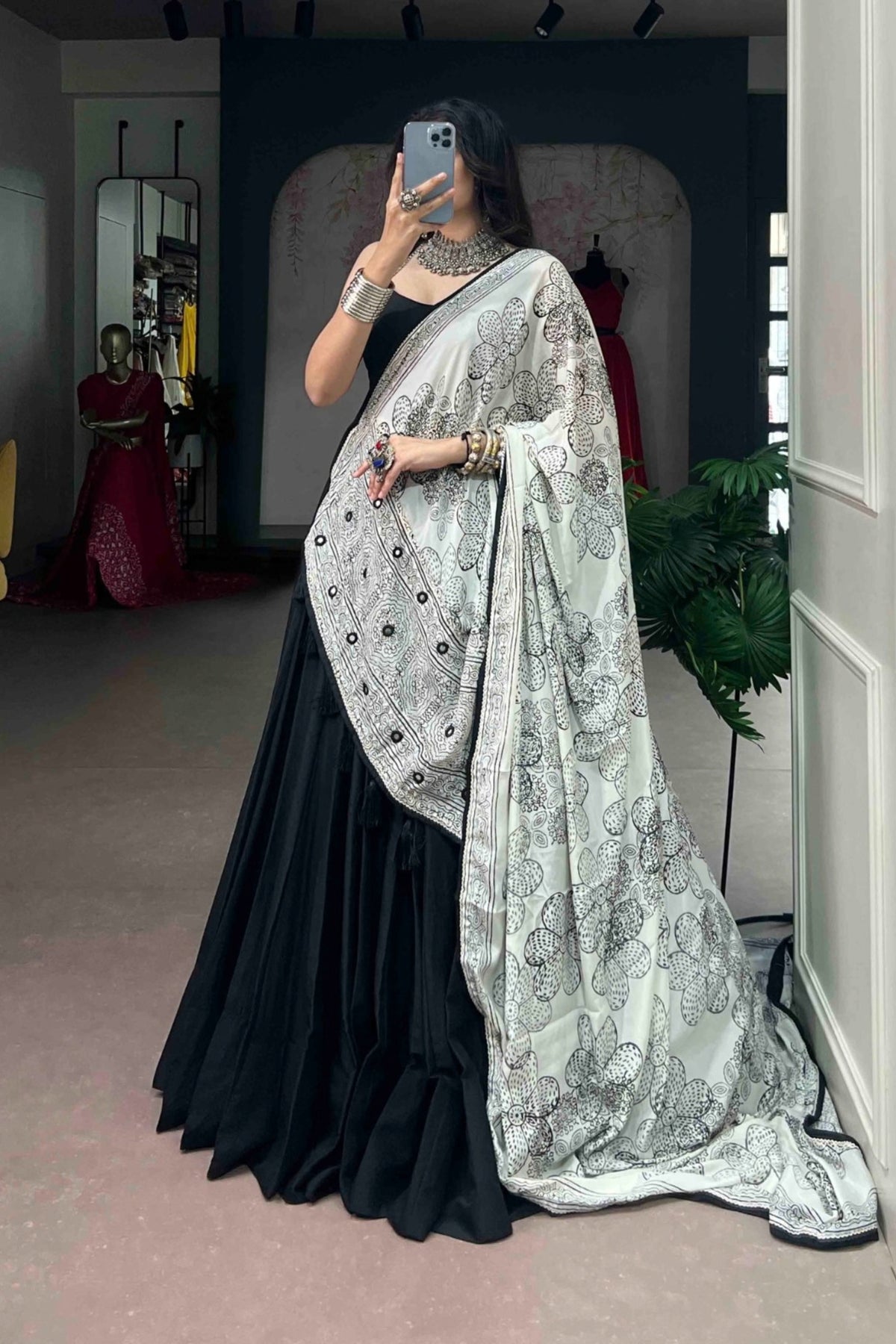 Designer Satin Silk Lehenga Choli With Floral Printed mirror Work Detailing Dupatta