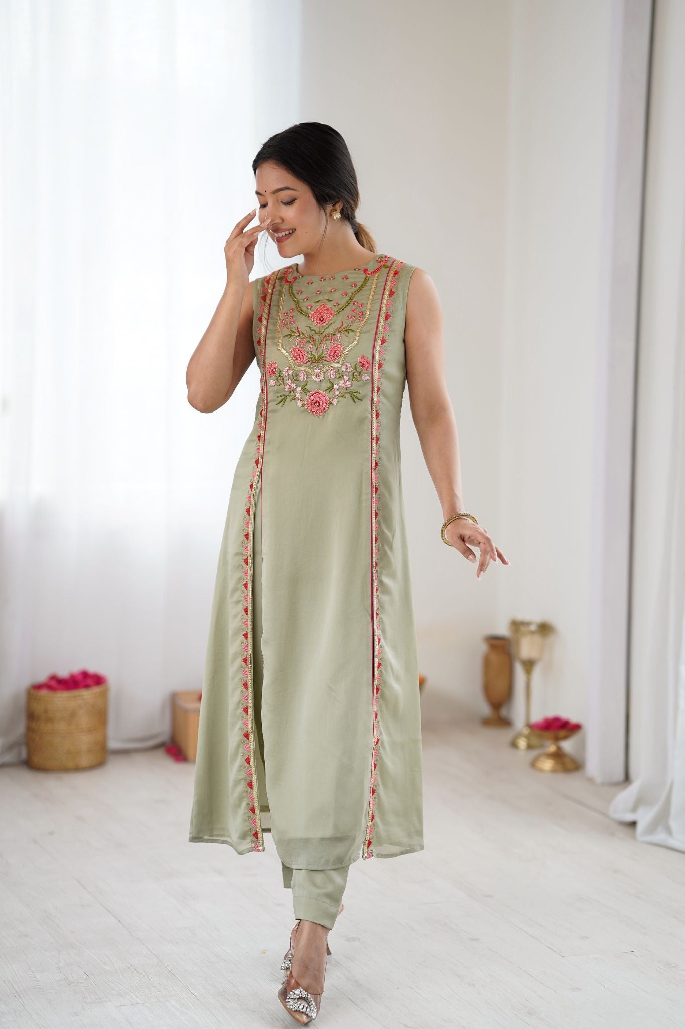 Sage Green Floral Embroidered Designer Kurta Pant Set For Women