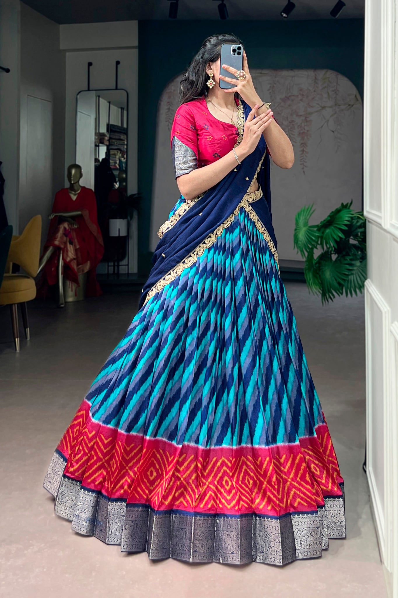 Designer Tasar Silk Leheriya Print Lehenga Choli