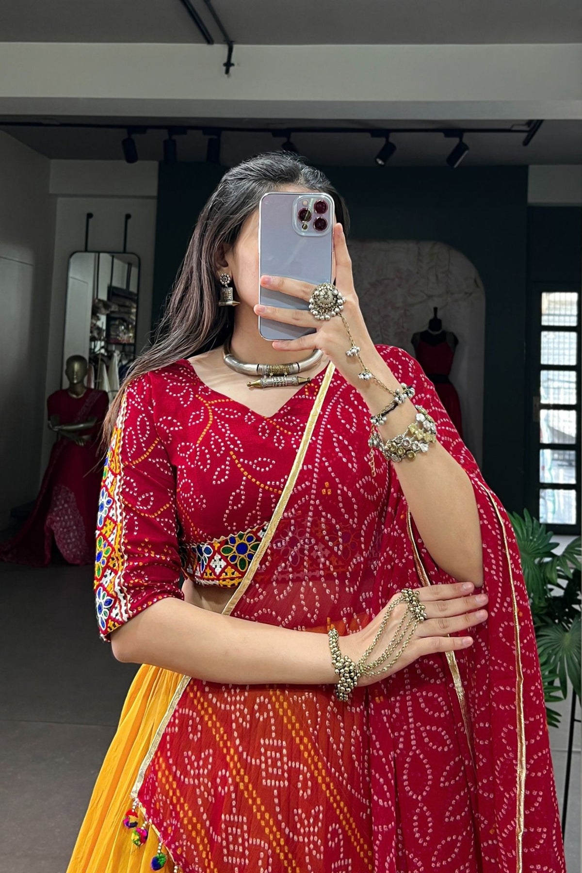 Chanderi Designer Bandhej Print With Gamthi Work Navratri Lehenga Choli