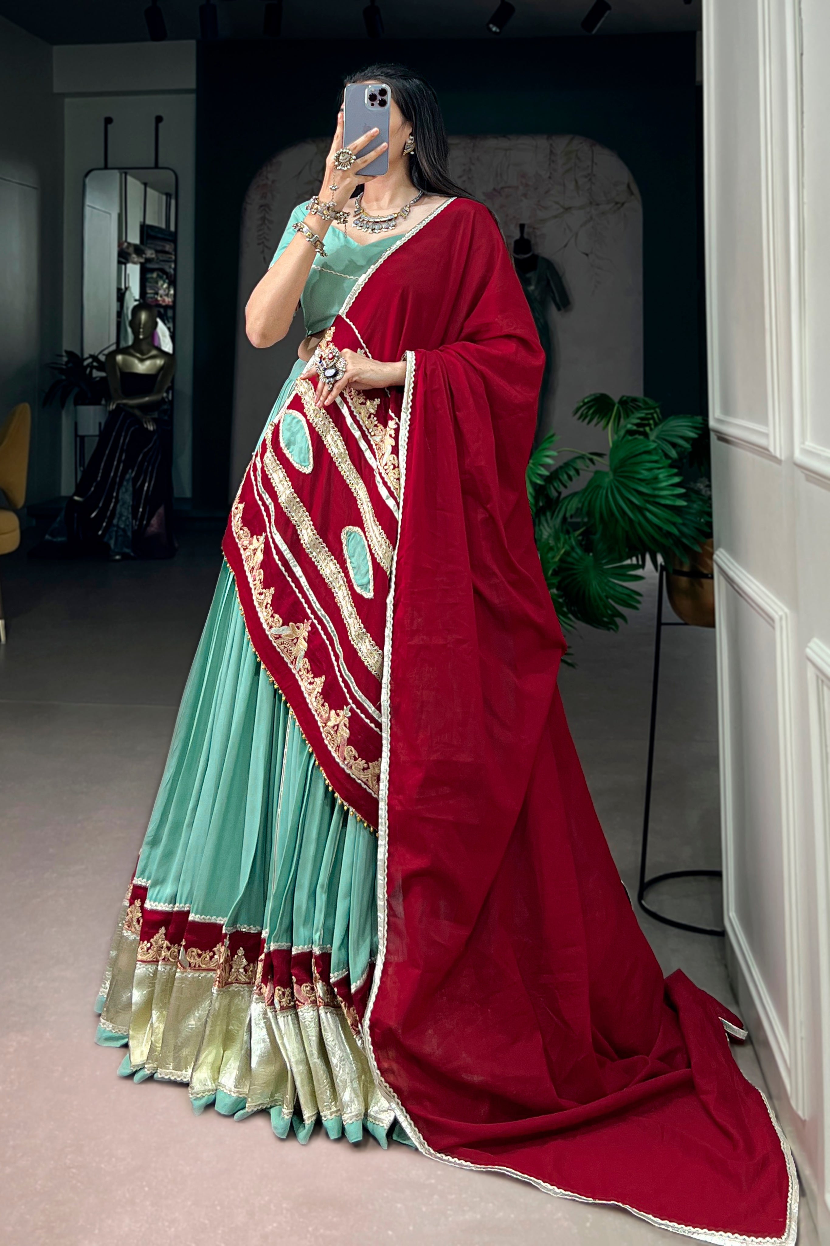 Sea Green Pure Rayon Navratri Special Designer Lehenga Choli With Maroon Embroidered Dupatta