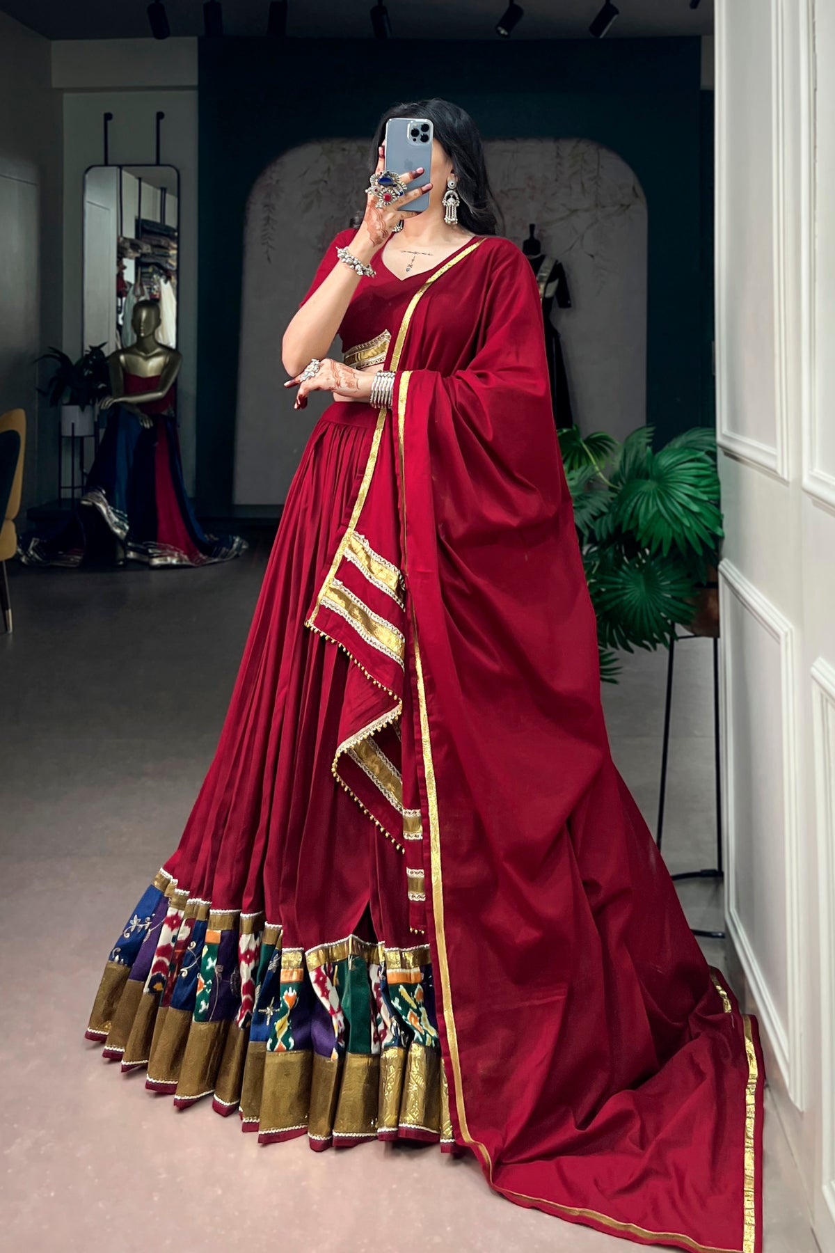 Maroon Rayon Designer Lehenga Choli With Multicolor Ikat Print Border