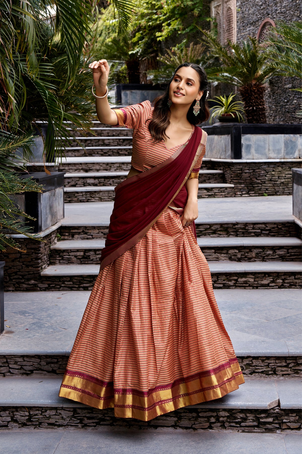 Maroon Kanchi Cotton Chex Designer Festive Wear Lehenga Choli