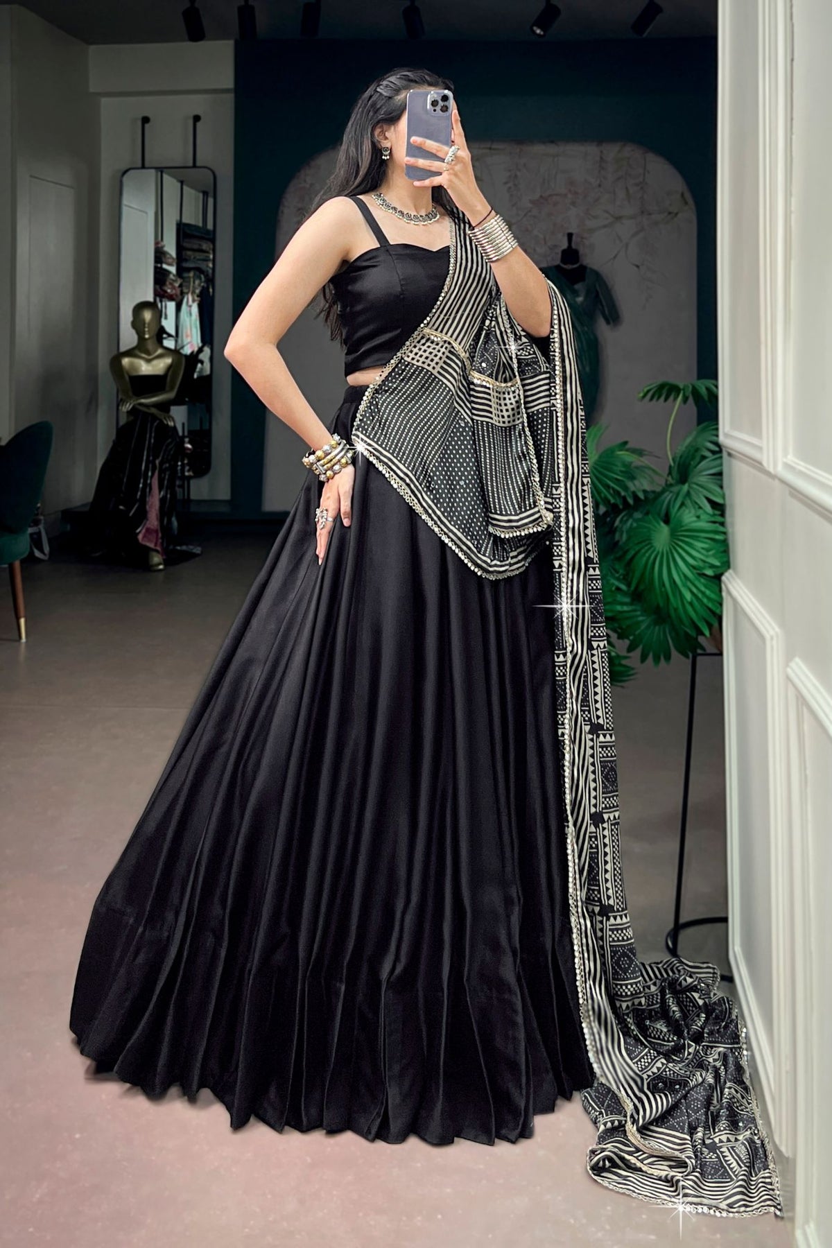 Navy Blue Navratri Designer Lehenga Choli With Printed Satin Dupatta