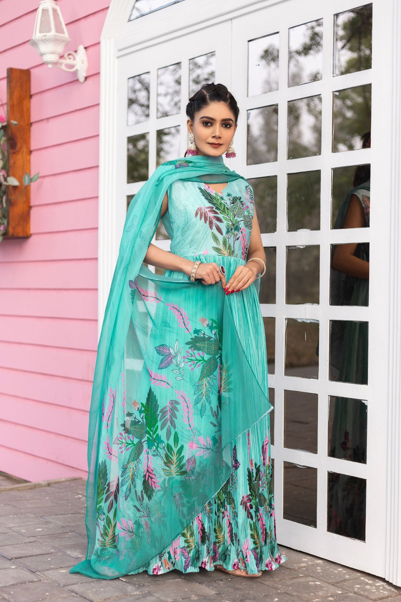 Stunning Printed Chinon Gown With Dupatta Set