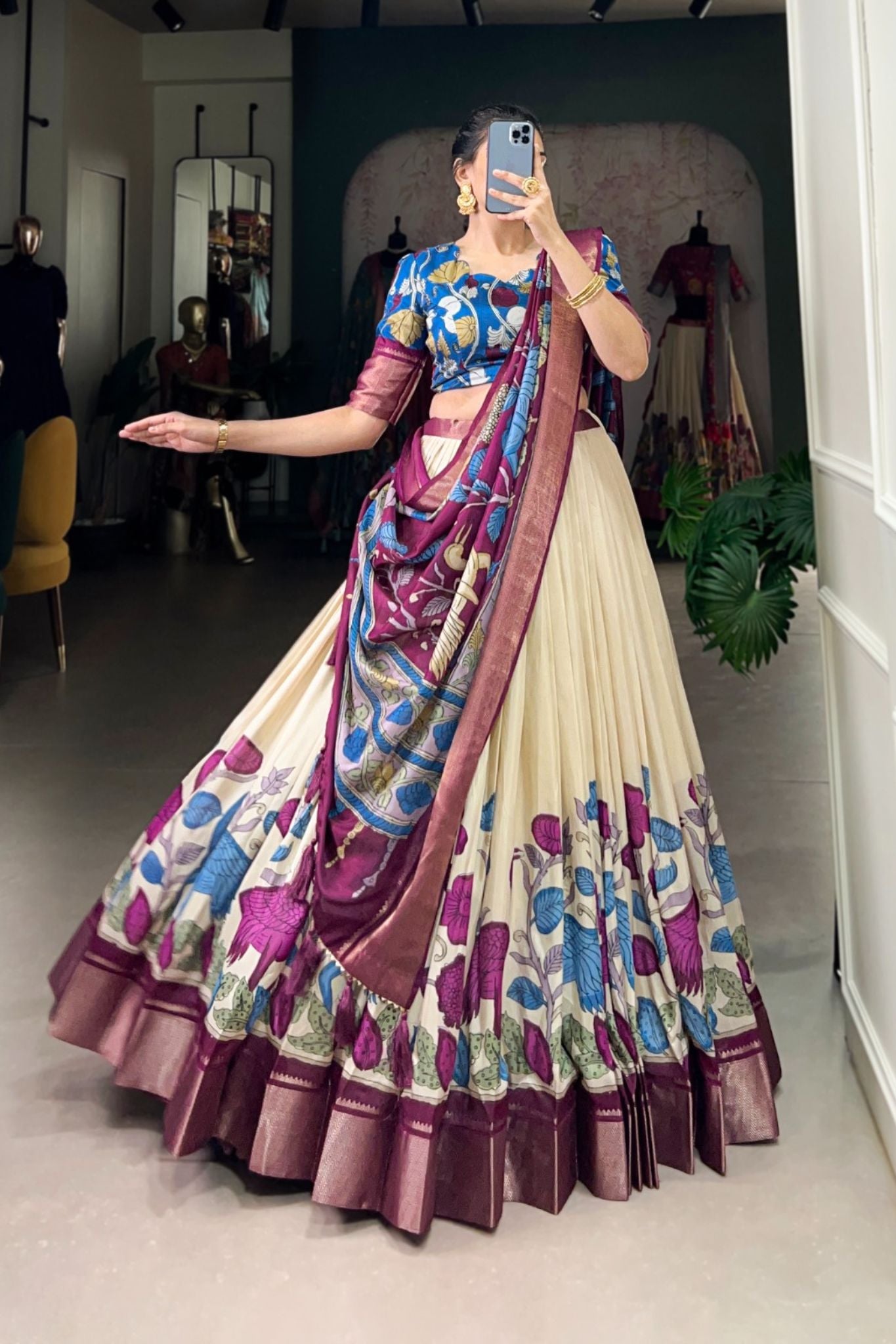 Admiral Kalamkari Printed Bird Motifs Lehenga Set