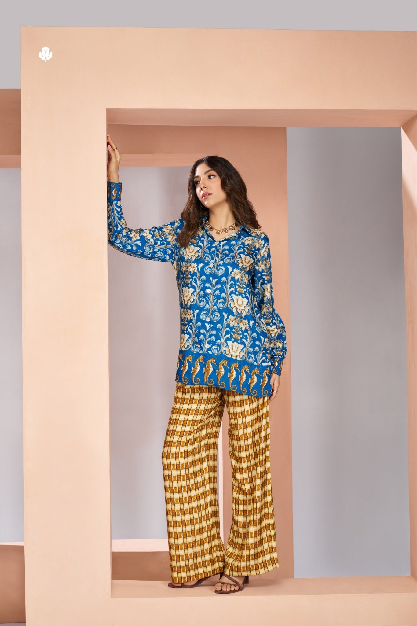 Royal Blue Floral Designer Pure Muslin Silk Co Ord Set