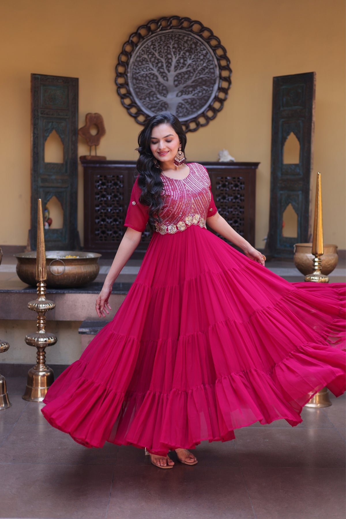 Rani Pink & Red Faux Blooming Designer Sequins Embroidered Tiered Flared Anarkali Gown