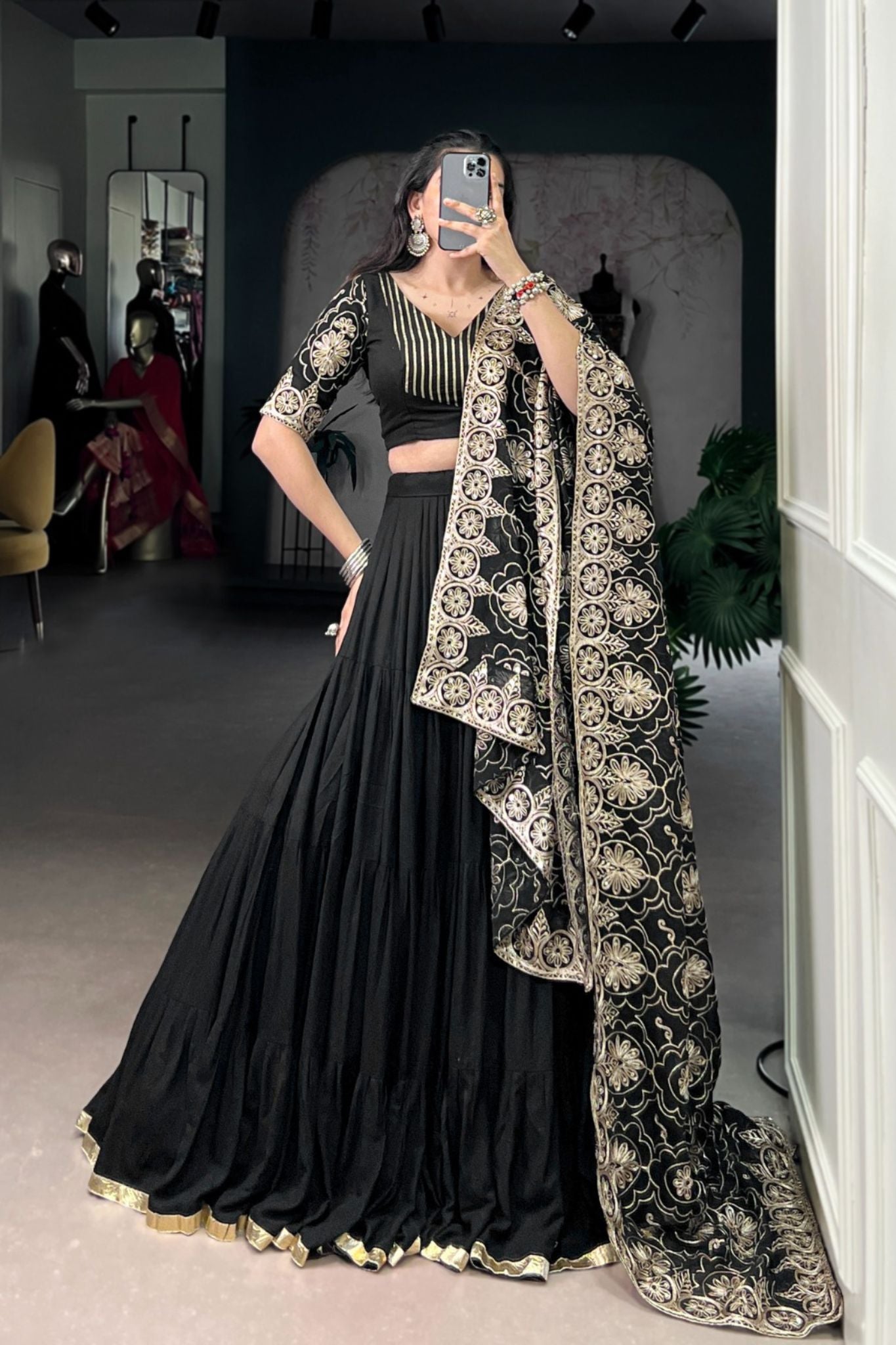 Black Embossed Designer Beautiful Full Flair Navratri Lehenga Choli