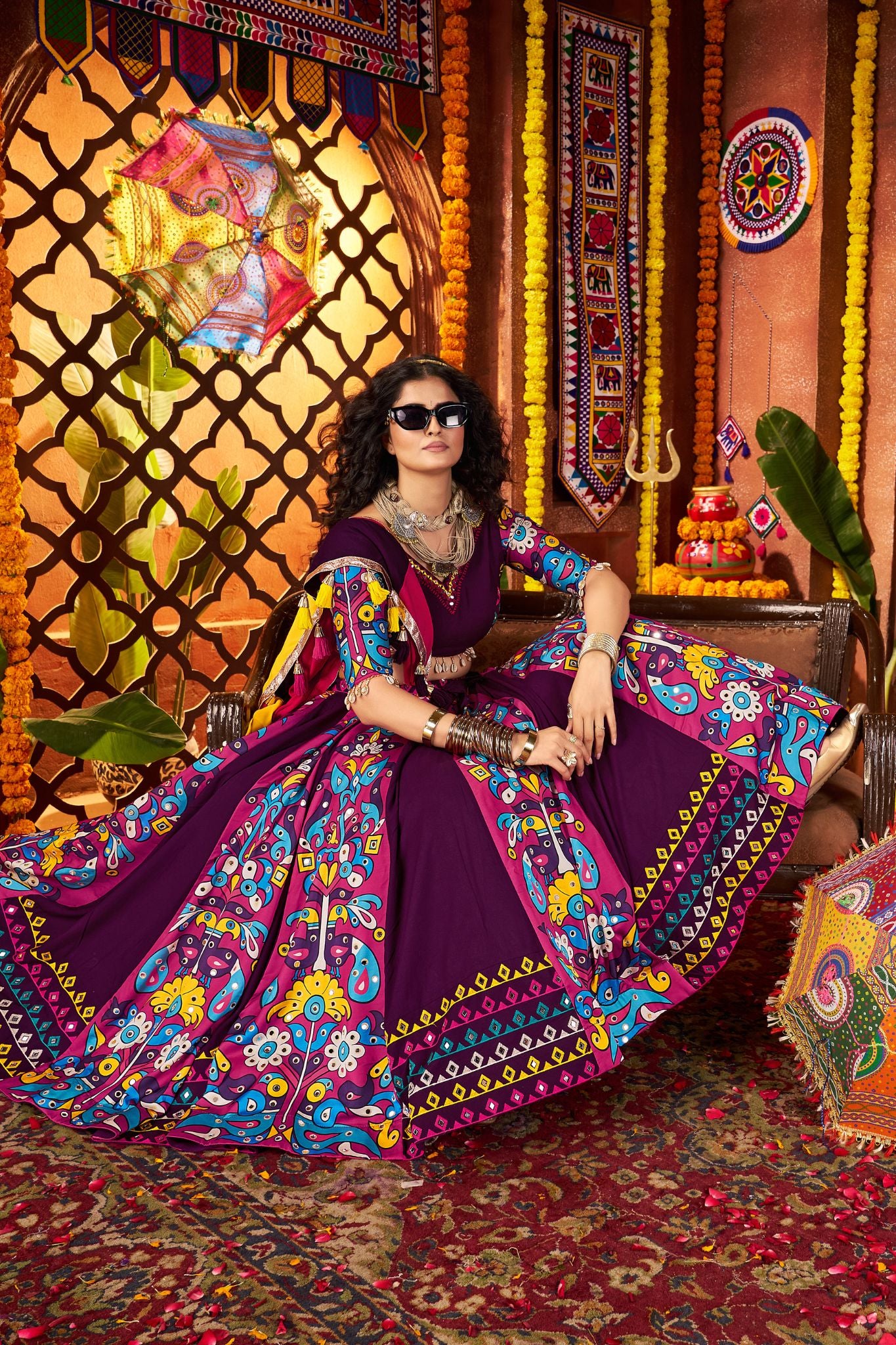 Designer Purple Navratri Special Lehenga Choli With Mirror And Hand Embroidery Work