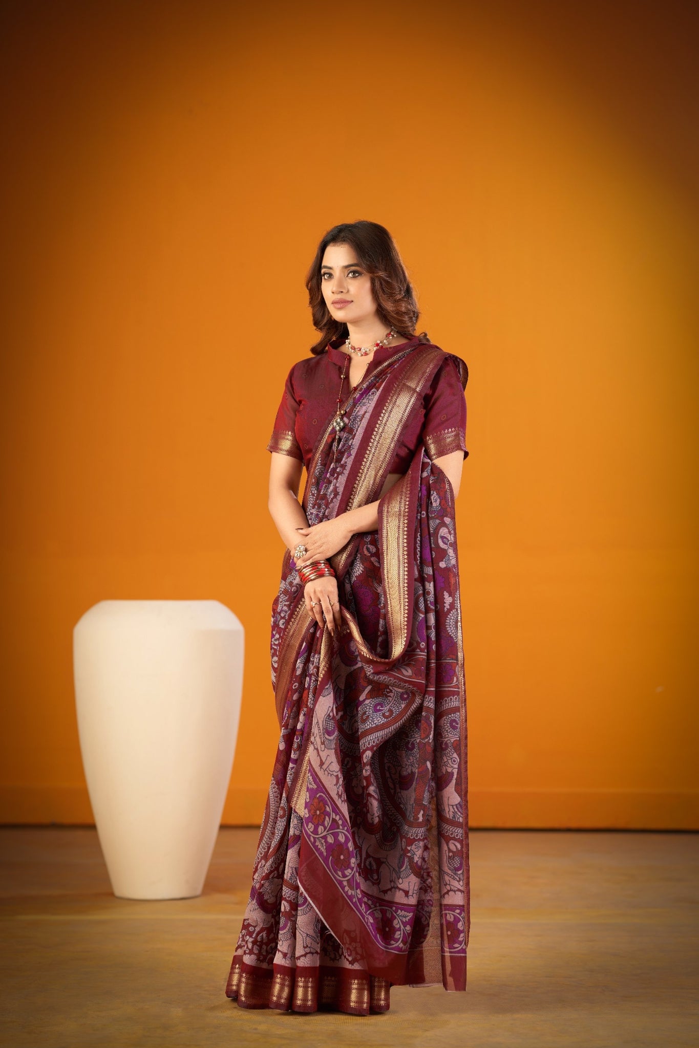 Elegant Kalamkari Chanderi Saree With Rich Zari Woven Border