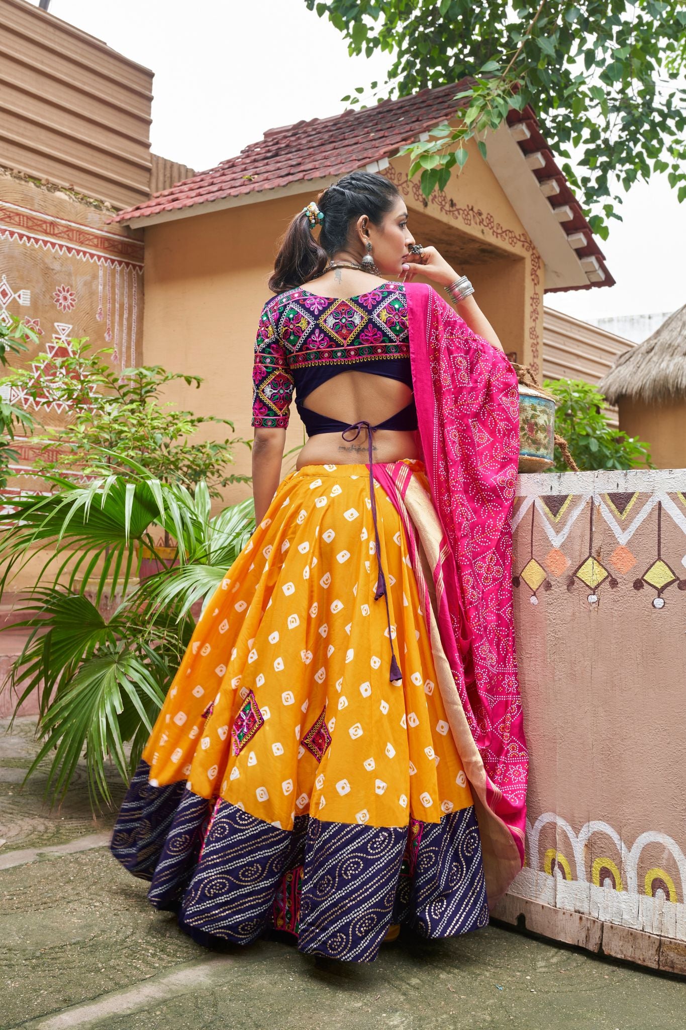 Yellow Embroidered And Mirror Work With Printed Lehenga Choli