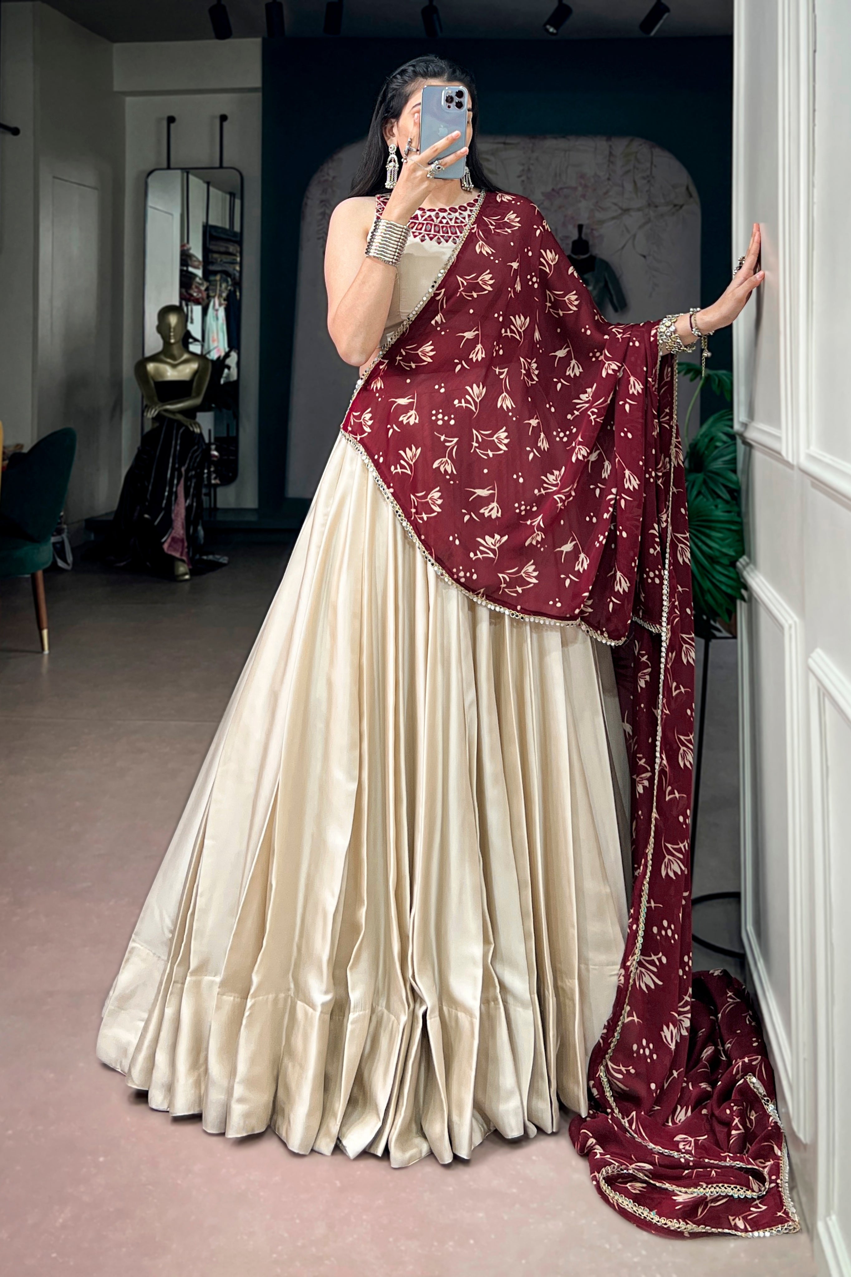 Navratri Special Lehenga Choli With Real Mirror Work Blouse & Maroon Beautiful Printed Dupatta