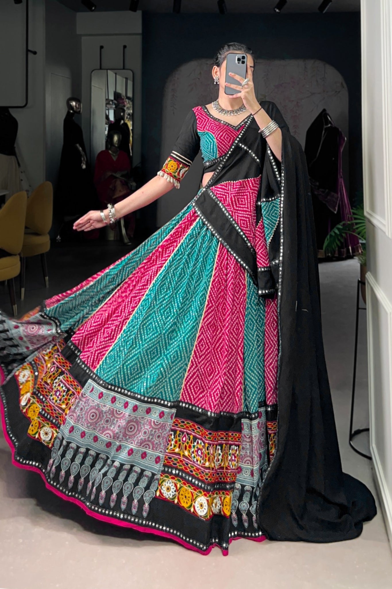 Navratri Special Pure Rayon Lehenga Choli With Ajrakh Print, Gamthi & Gota Patti Work