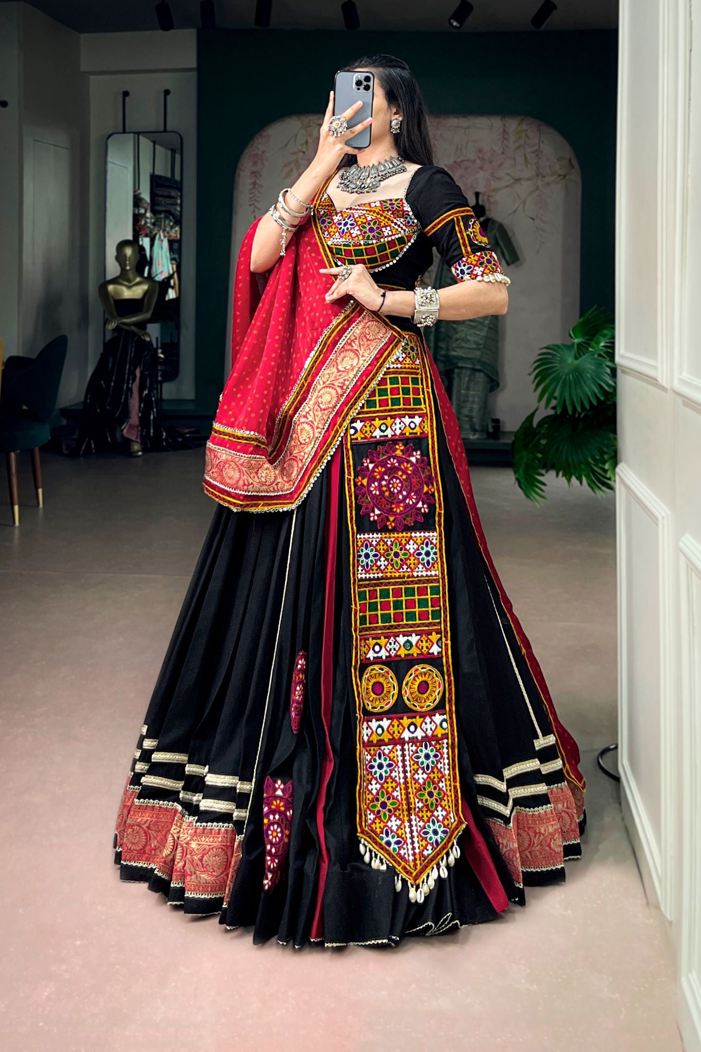 Raasrang Navratri Designer Black Lehenga Choli with Kutchi Embroidery & Bandhani Dupatta