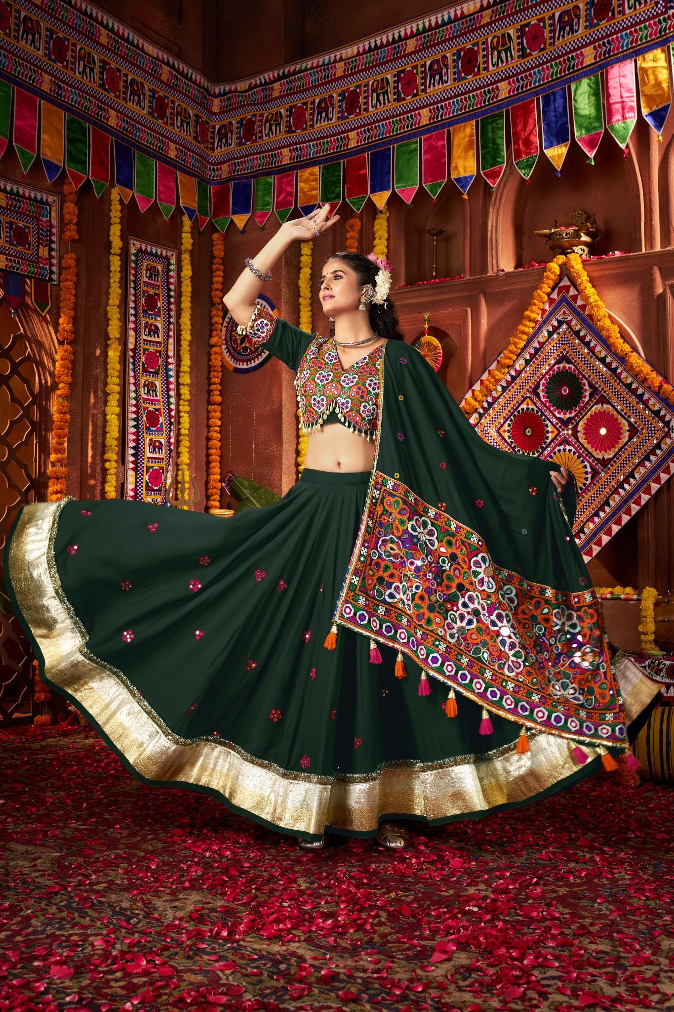 Premium Designer Green Viscose Cotton Thread With Mirror Work Navratri Lehenga CHoli