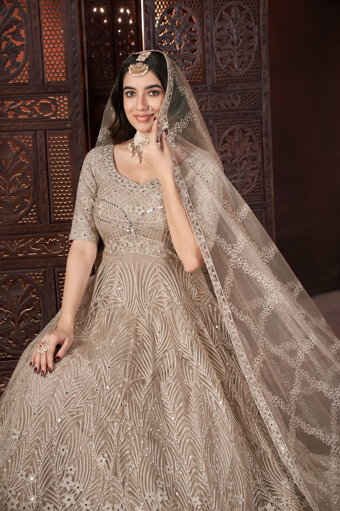 Charming Chiku Color Thread Embroidery With Zarkan And Mirror Work Gown