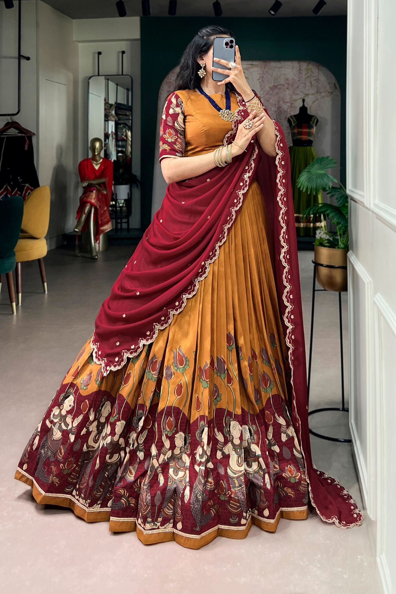 Designer Tasar Silk Kalamkari Print Wedding And Festive Lehenga Choli