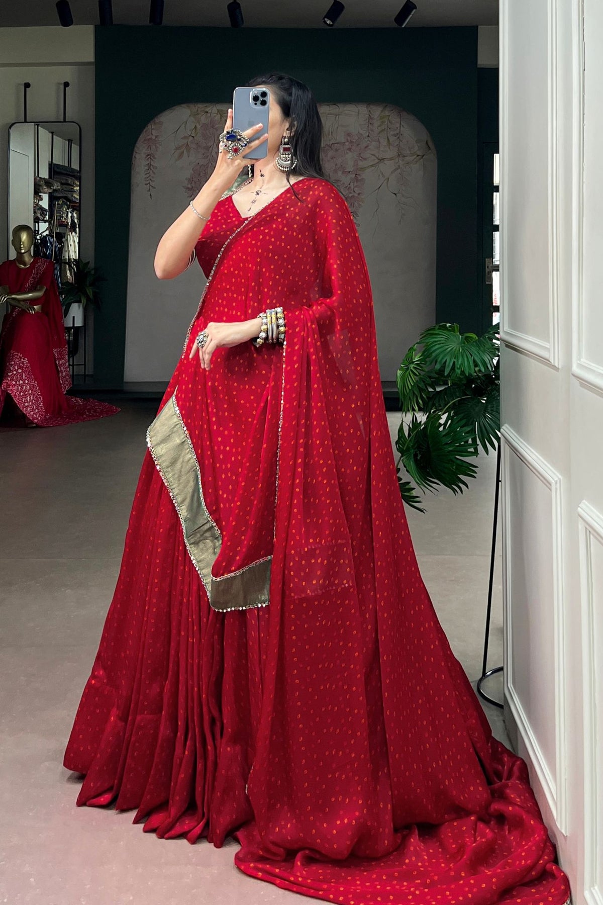 Red Traditional Bandhej Designer Navratri Lehenga Choli