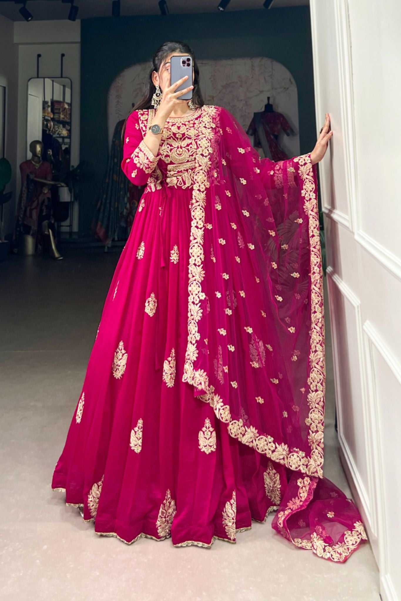 Pink Sequins Thread Embroidery Work Silk Anarkali Dress