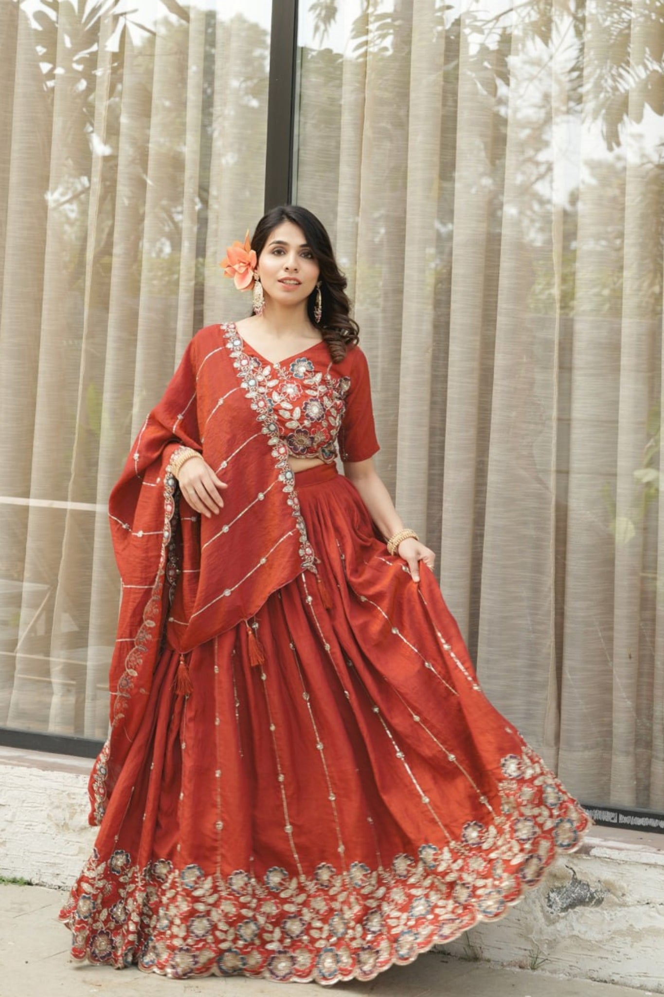 Luxury Rust Fenta Silk Lehenga Choli With Heavy Floral Embroidery And Designer Dupatta For Wedding Wear