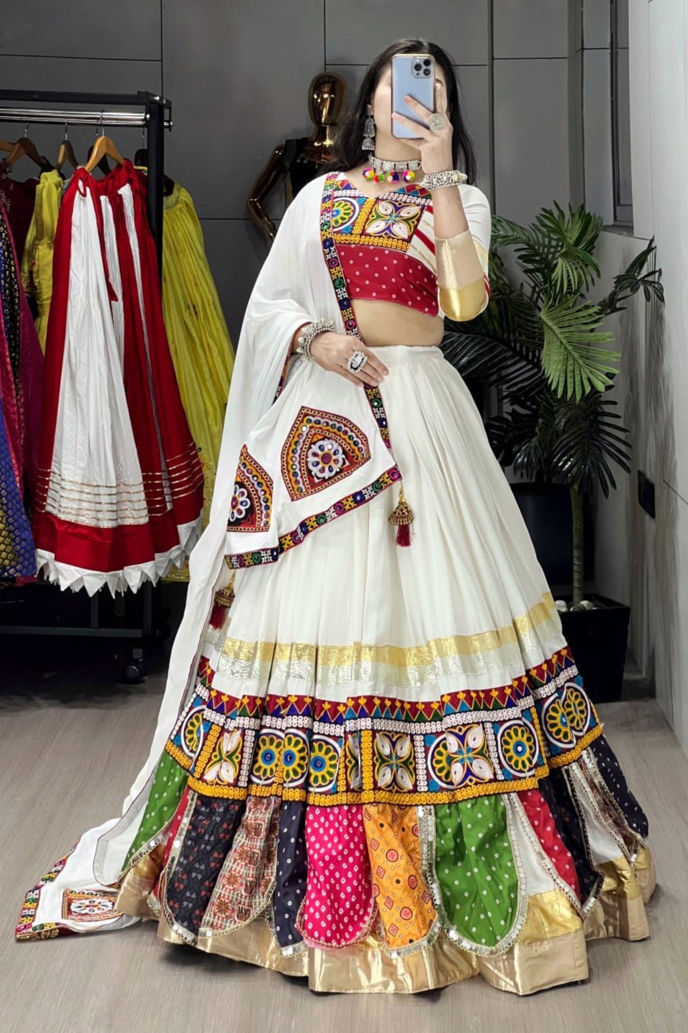 Raasrang Designer Navratri Lehenga Choli With Kutch Mirror Work & Multicolor Patch Design For Garba Dandiya