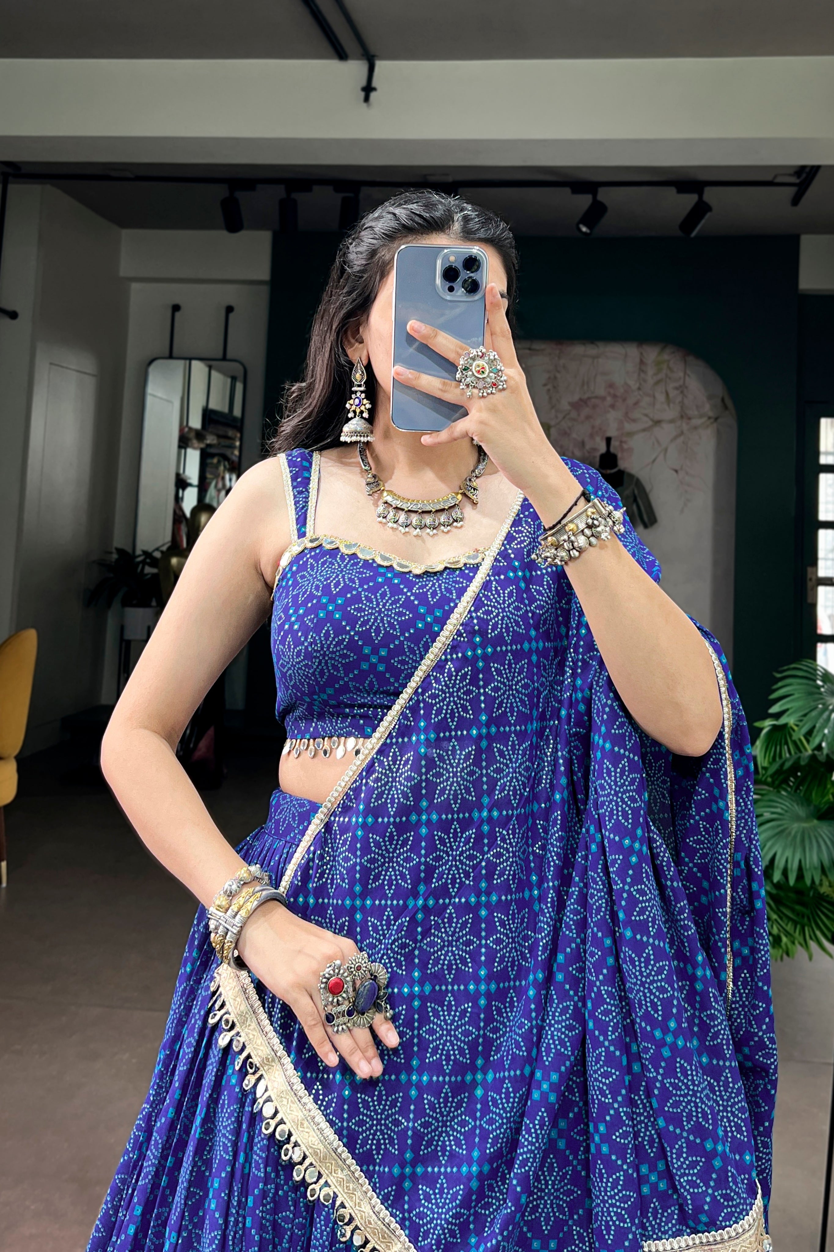 Royal Blue Navratri Special Georgette Bandhej Foil Print Lehenga Choli With Mirror Lace Border