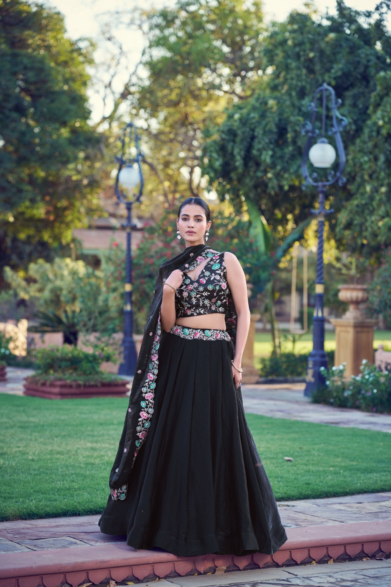 Black Fendi Fabric Lehenga Choli For Women With Sequins And Thread Embroidery