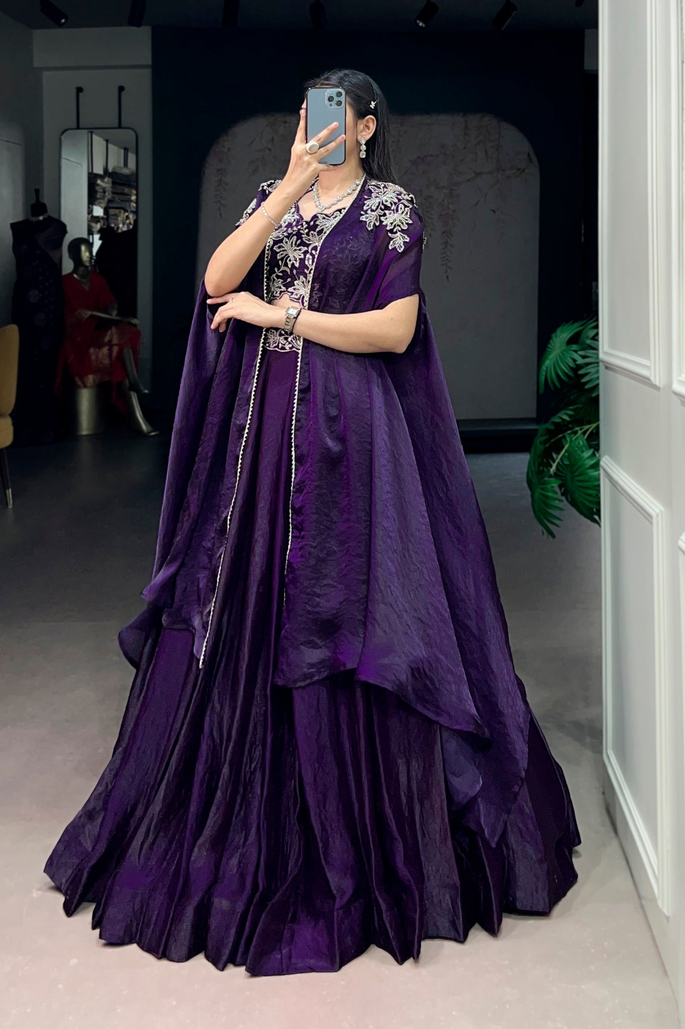 Premium Fendi Silk Lehenga Choli Set With Embroidered Shrug