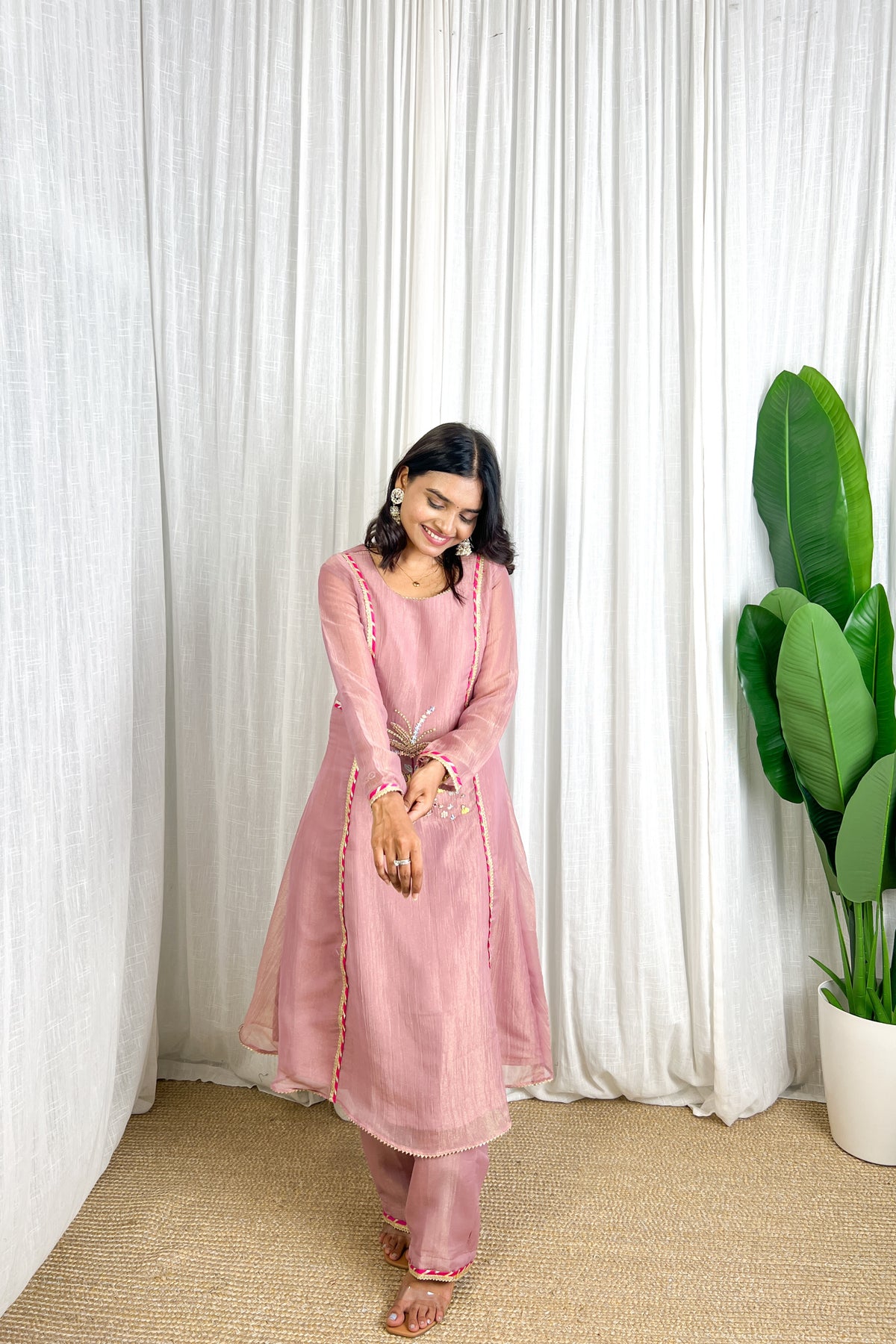 Dusty Pink Handmade Designer Elephant & Palm Handwork Festive Kurta Set For Women