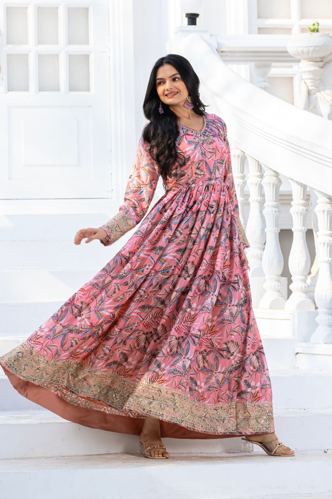 Floral Printed Stunning Embroidered Anarkali Dress