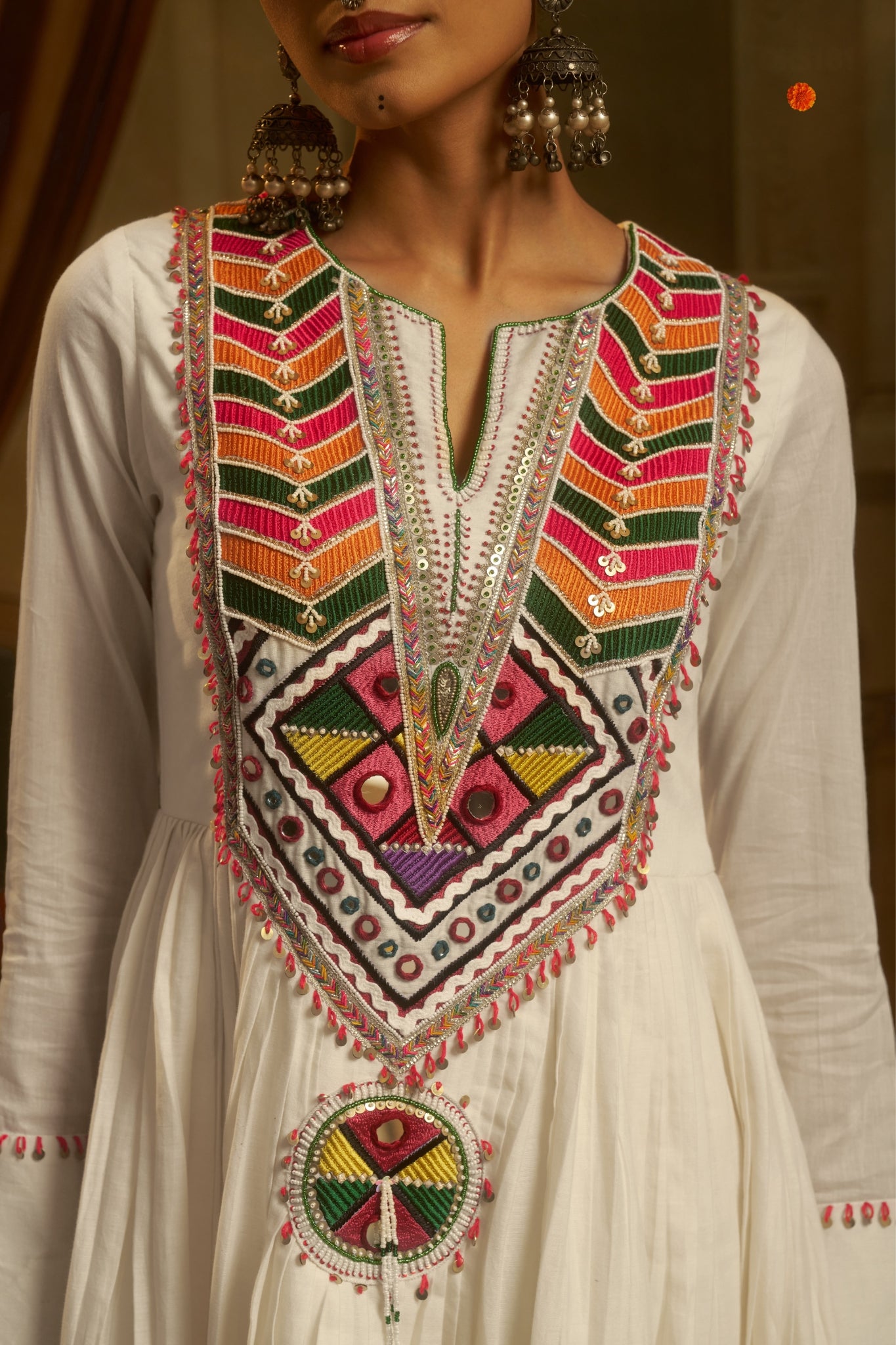 White Mul Cotton Hand embroidered Mirror Work Anarkali Set For Women