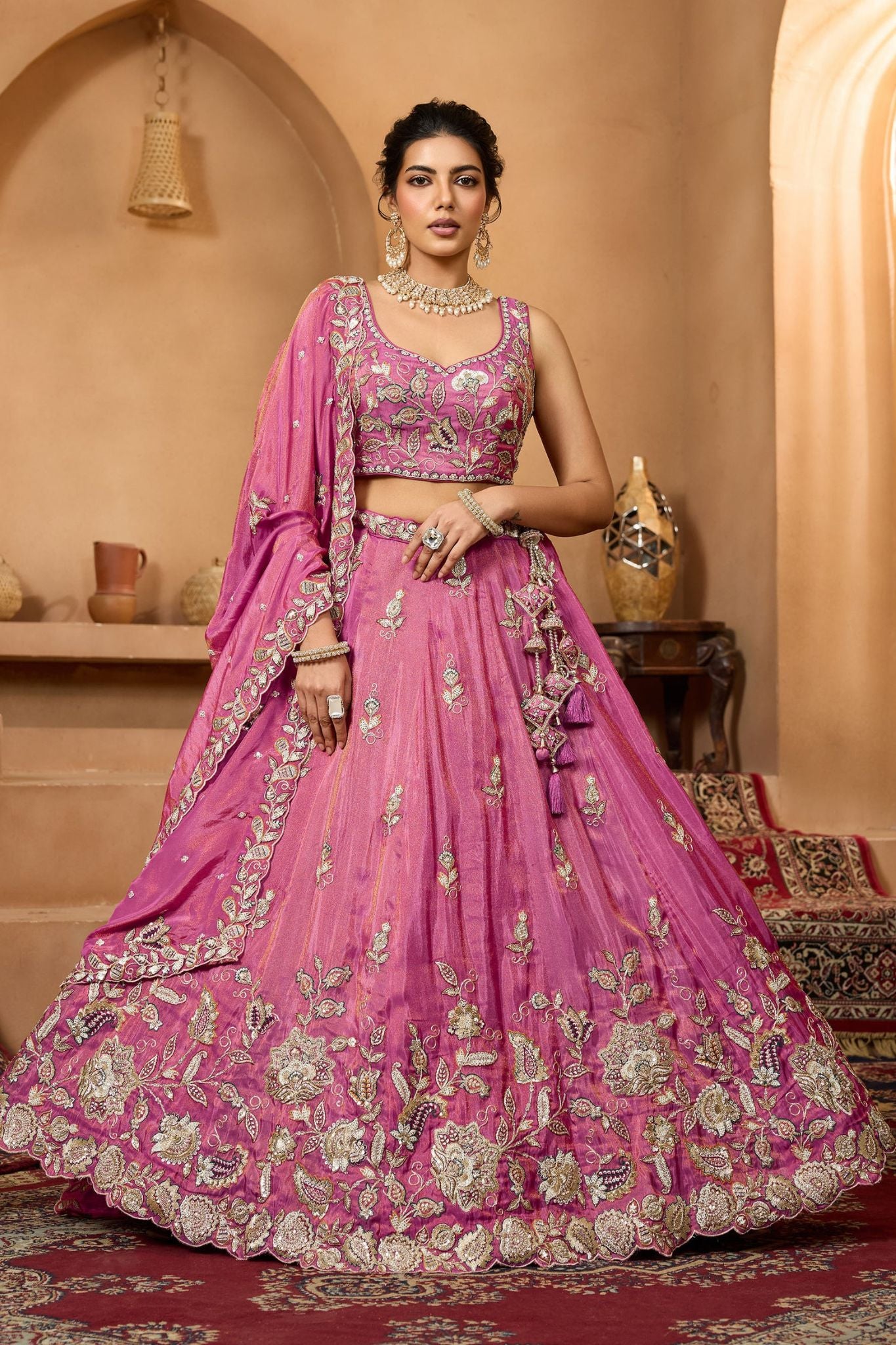 Rani Pink Pure Tissue Designer Lehenga Choli With Heavy Sequins & Thread Embroidery Work
