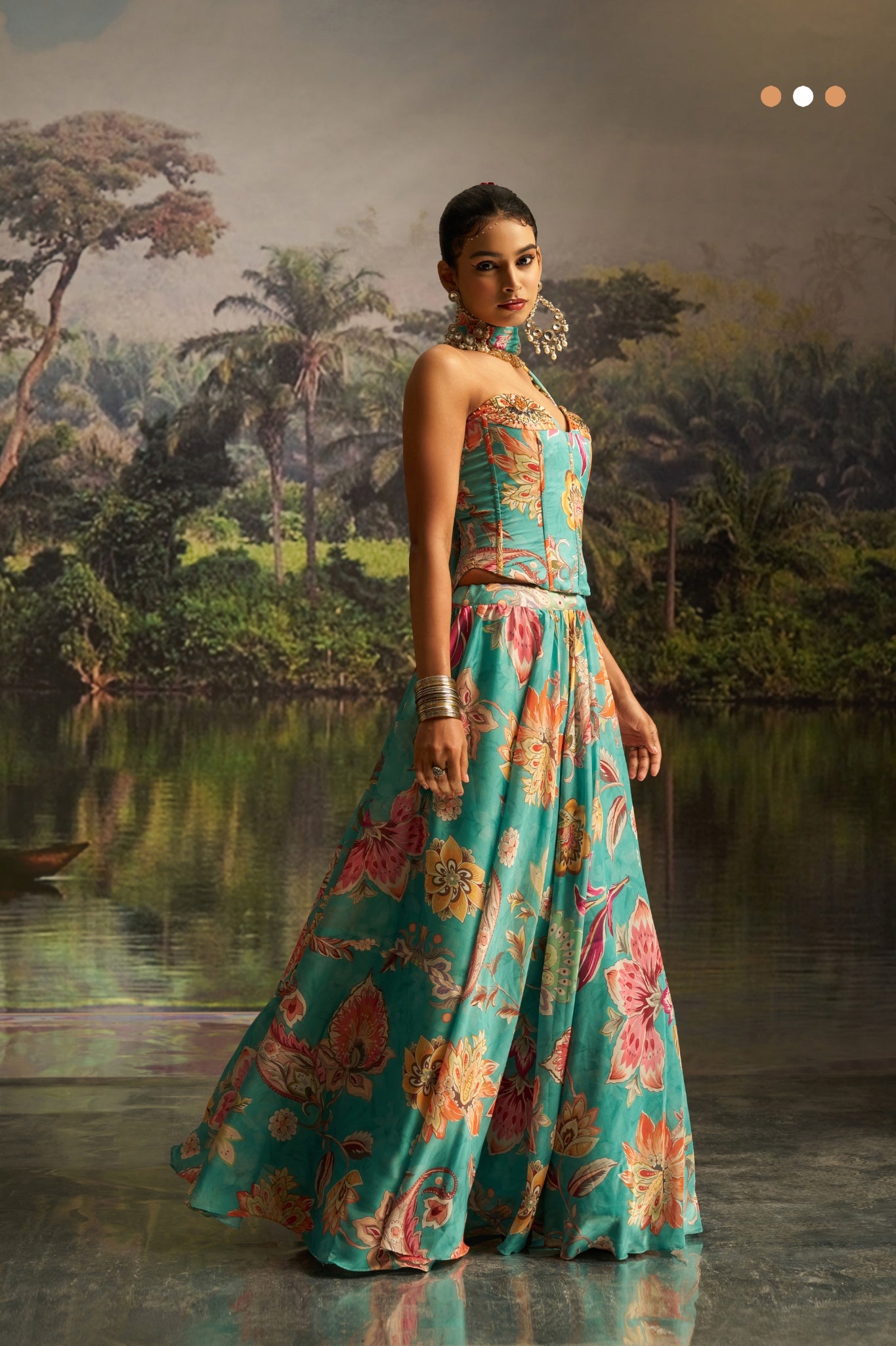 Mint Blue Floral Georgette Lehenga Set With Handwork And Corset Blouse