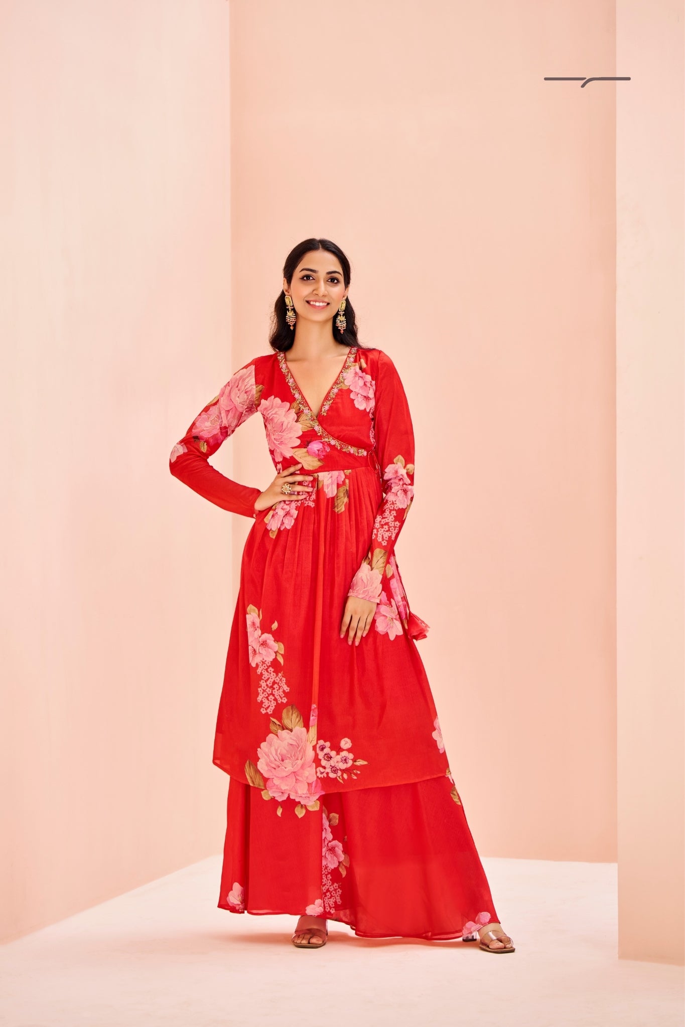 Red Floral Chinon Kurta Set