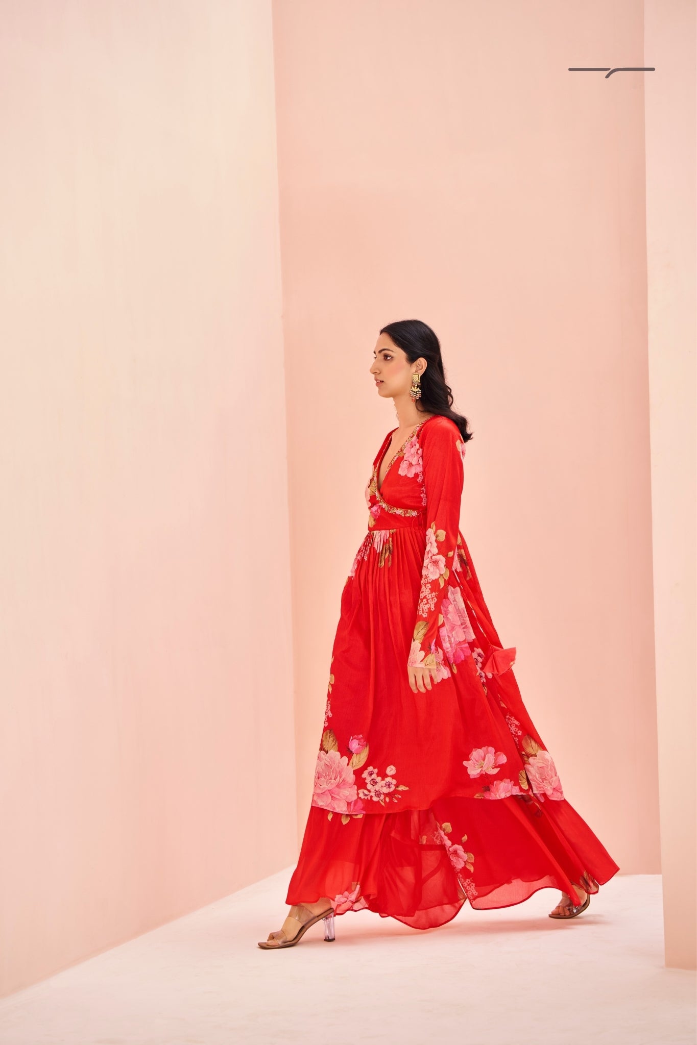 Red Floral Chinon Kurta Set