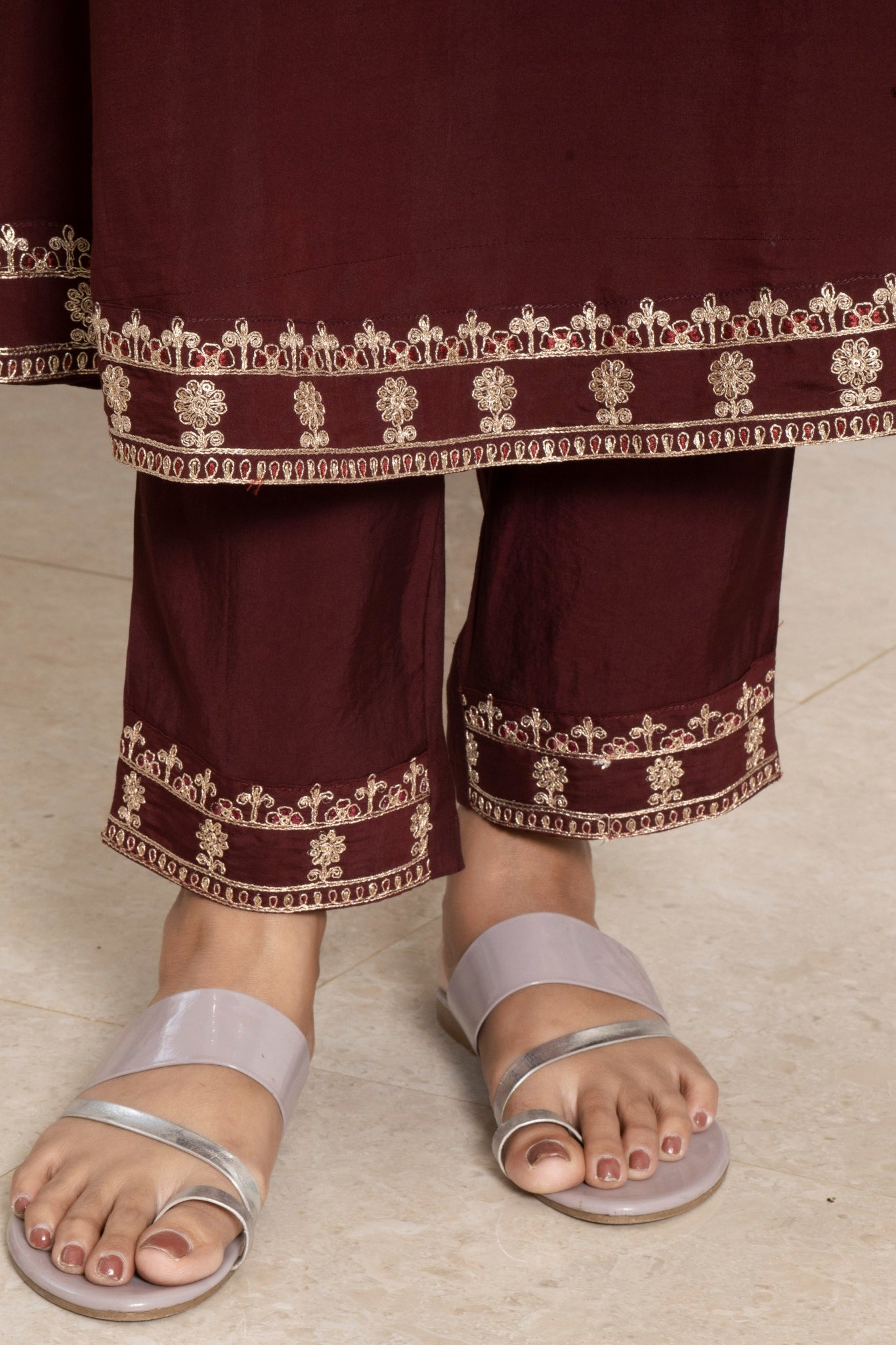 Maroon Straight-Cut Kurta Set With Gold Embroidery And Sheer Dupatta